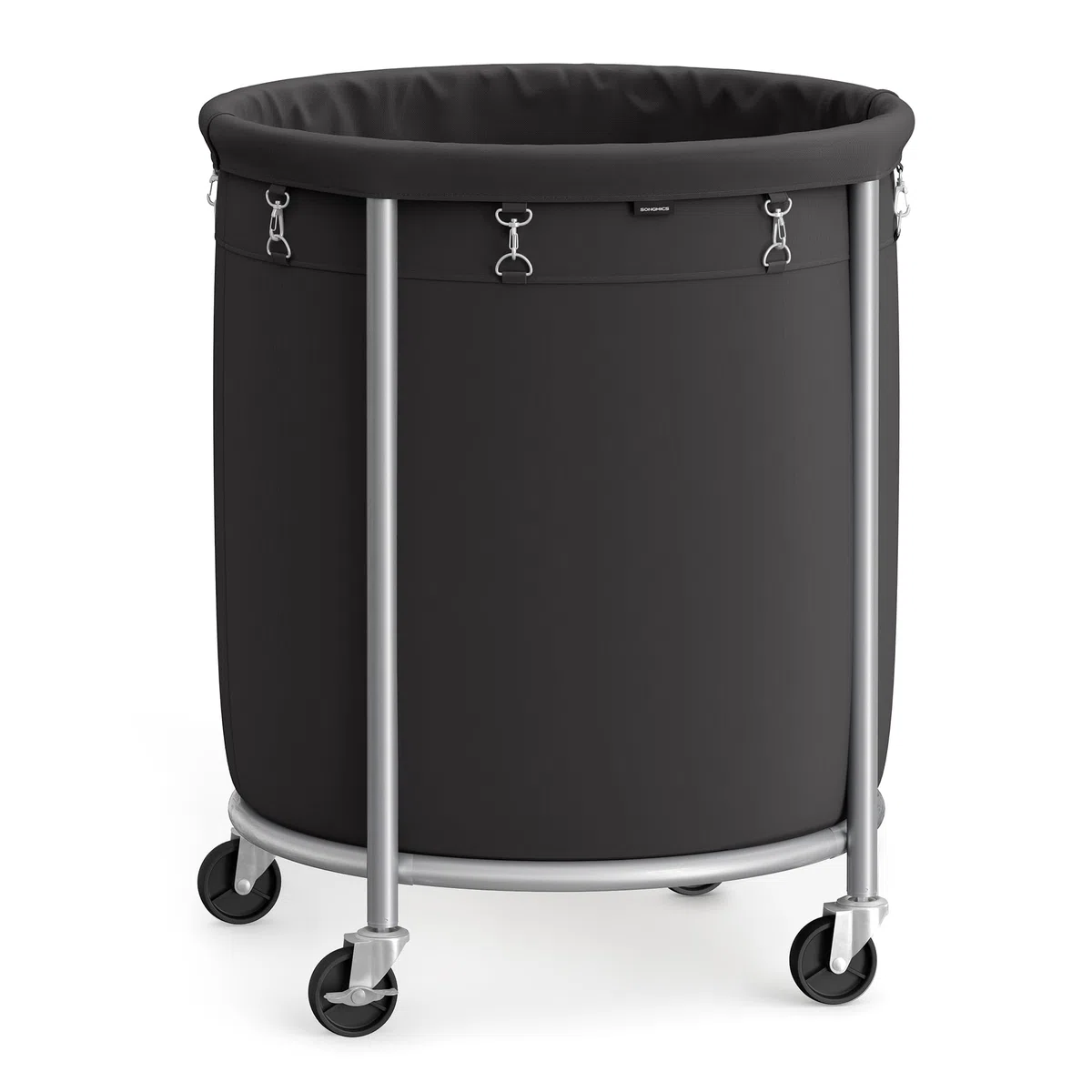 SONGMICS Cesto Portabiancheria con Ruote, Cesta per il Bucato, 170L, Cesto Rotondo con Struttura in Acciaio e Sacco Rimovibile, 4 Ruote e 2 Freni, Nero e Argento RLS001B01