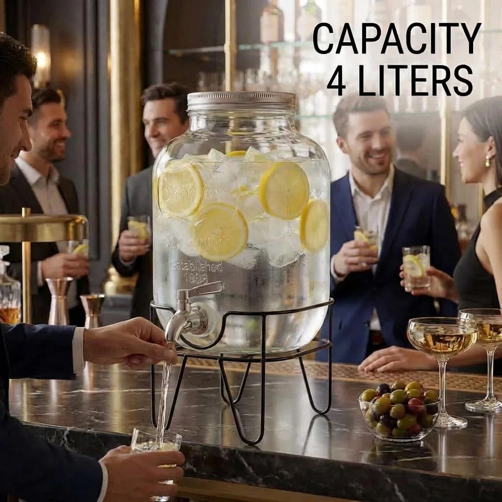 Dispenser in Vetro per Bevande 4L con Rubinetto Cromato, Lavabile in Lavastoviglie, Campeggio o Aperitivi, Ideale Per Bar, Cucina, Pub, Ristorante, Contenitore Distributore Acqua Con Supporto