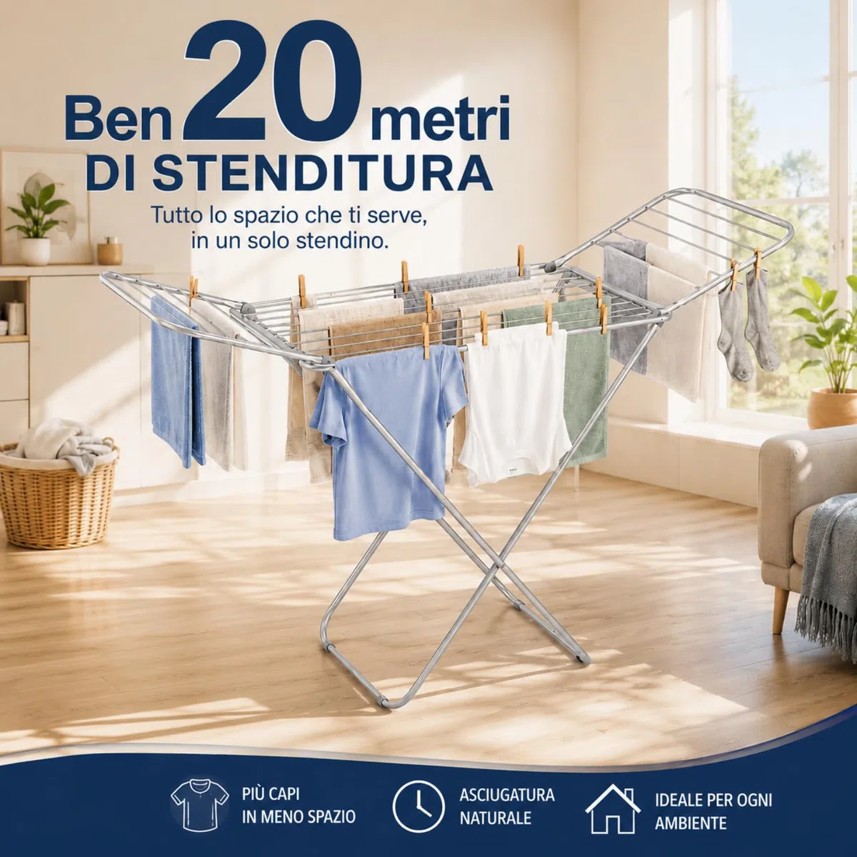 generico Stendibiancheria Pieghevole in Alluminio 20 Metri di Stenditura – Stendino Salvaspazio Antiruggine con Ali Apribili, Leggero e Resistente, Richiudibile per Interno ed Esterno, 186x56x107 cm
