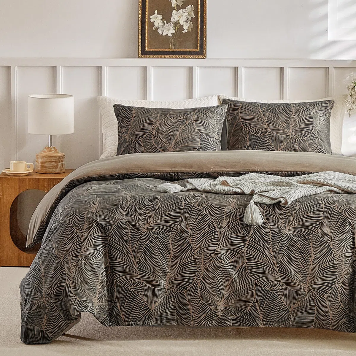 Tokokimo Set di biancheria da letto super king size, motivo con foglie tropicali, in morbida microfibra, estivo, 260 x 220 cm, con 2 federe, cachi/tropicale