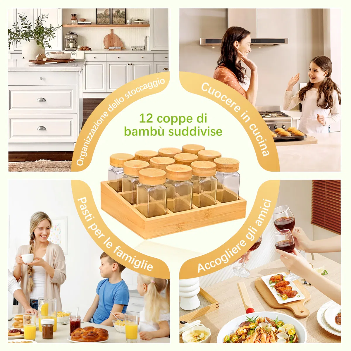 SAEIV Bamboo Organizador Cassetti Cucina, (12 x 120 ml) Barattoli Per Spezie + Portaspezie, Scaffale Cucina Set, Portaspezie Salvaspazio