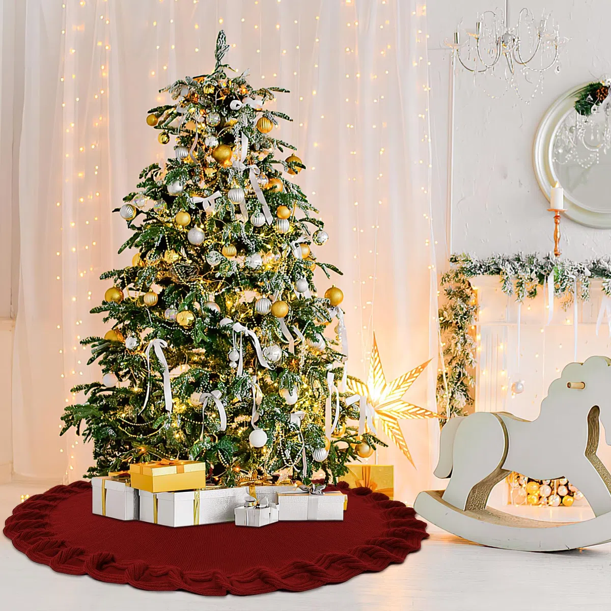 DEMIUKO 122CM Gonne per Alberi di Natale Rosso Tappeto per Albero di Xmas Tappetino per Copertura Base Tree Christmas Tappetino di Natale per Casa Vacanza Decorazione per Albero di Xmas