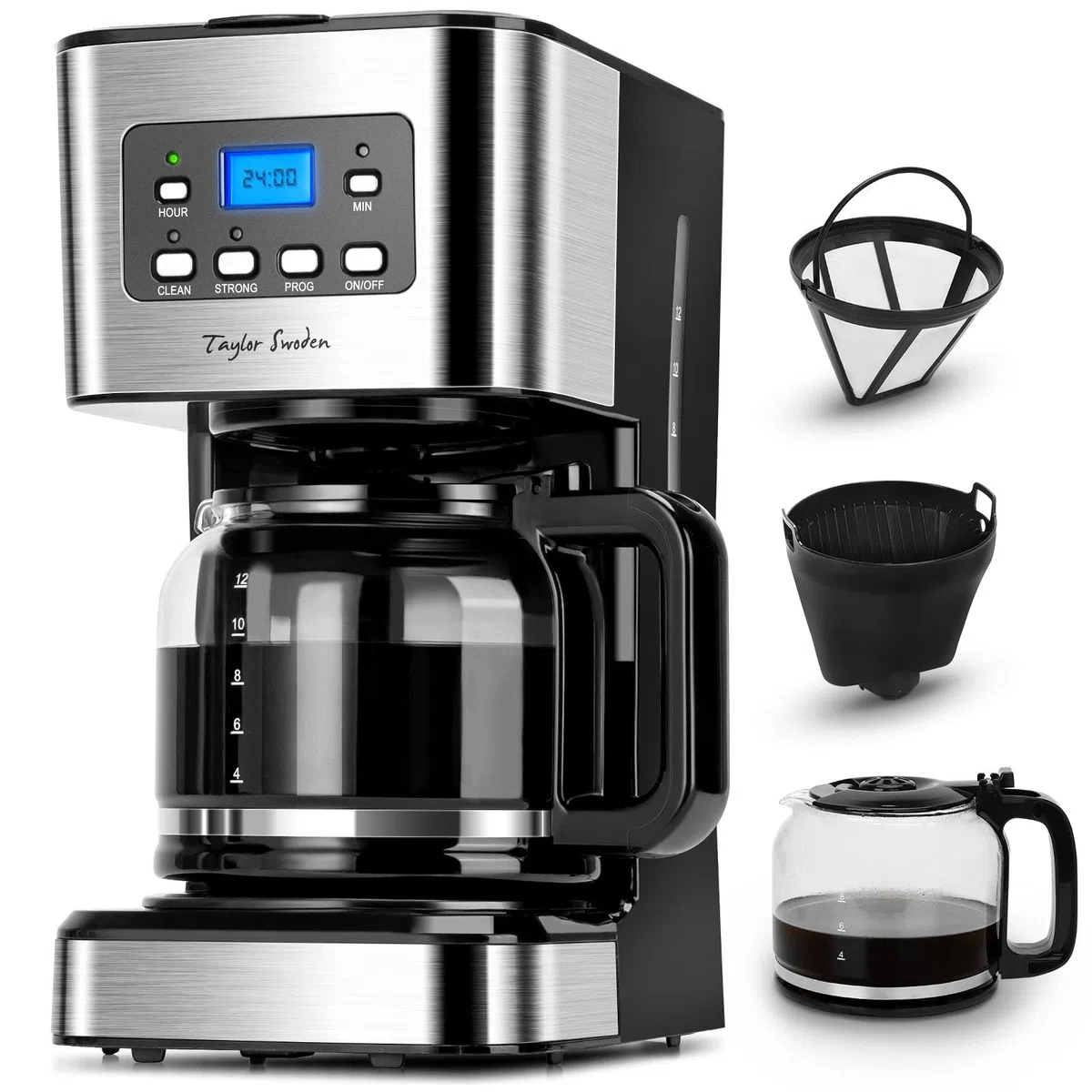 Taylor Swoden Darcy - Macchina da caffè Americano 950W per 12 tazze e capacità da 1,5 L con filtro riutilizzabile e base con mantenimento caldo, sistema antigoccia, timer e BPA FREE