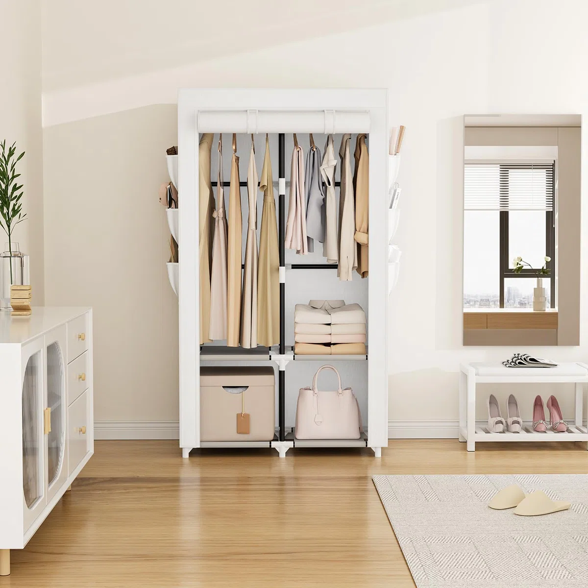 Vicye Armadio a Risparmio di Spazio, Armadio in Tessuto con 2 Barre Appendiabiti, 4 Ripiani e 6 Tasche Laterali, Armadio per Camera da Letto, Dormitorio o Spogliatoio, Bianco(90 x 45.5 x 172 cm)
