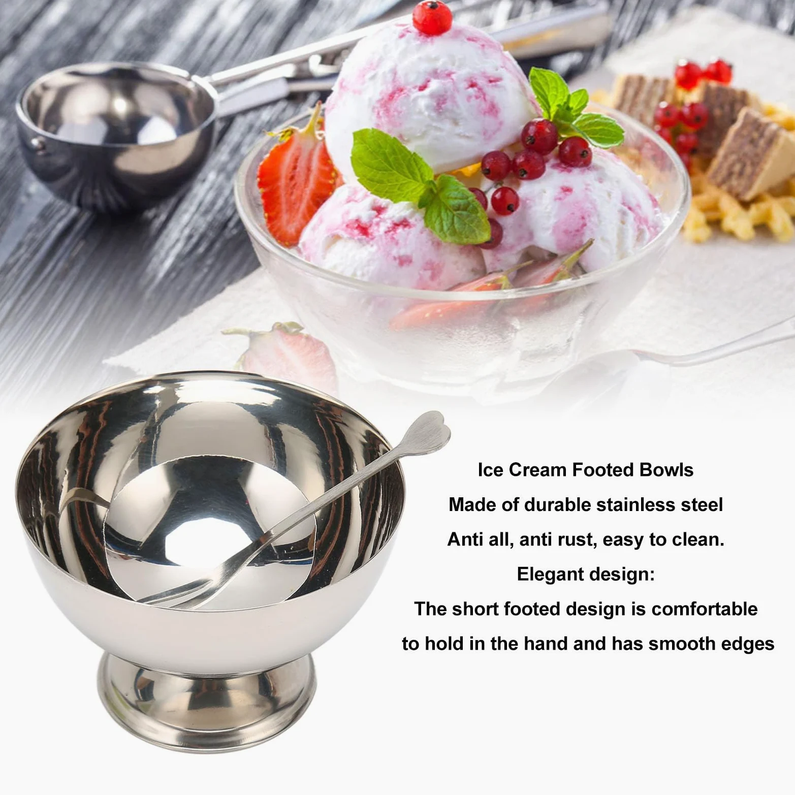 4 Pezzi Ciotole per Gelato in Acciaio Inossidabile, 200ml Coppe da Dessert Riutilizzabili con Forchetta, Ciotole con Piede per Gelato per Snack, Caramelle, Insalata, Frutta