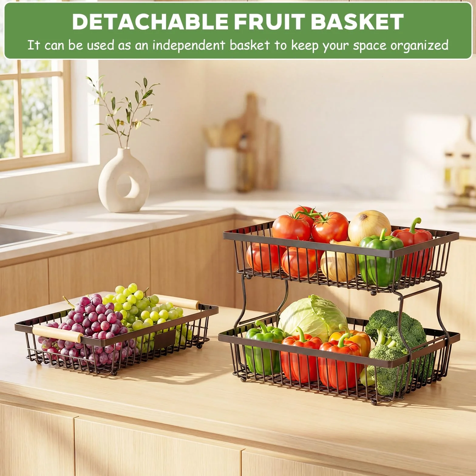 Porta Frutta Da Tavolo a 3 Livelli, Portafrutta a Ripiani In Metallo, Cestino Frutta con 2 Porta Banane per Frutta Mele, Banane, Cipolle e Snack