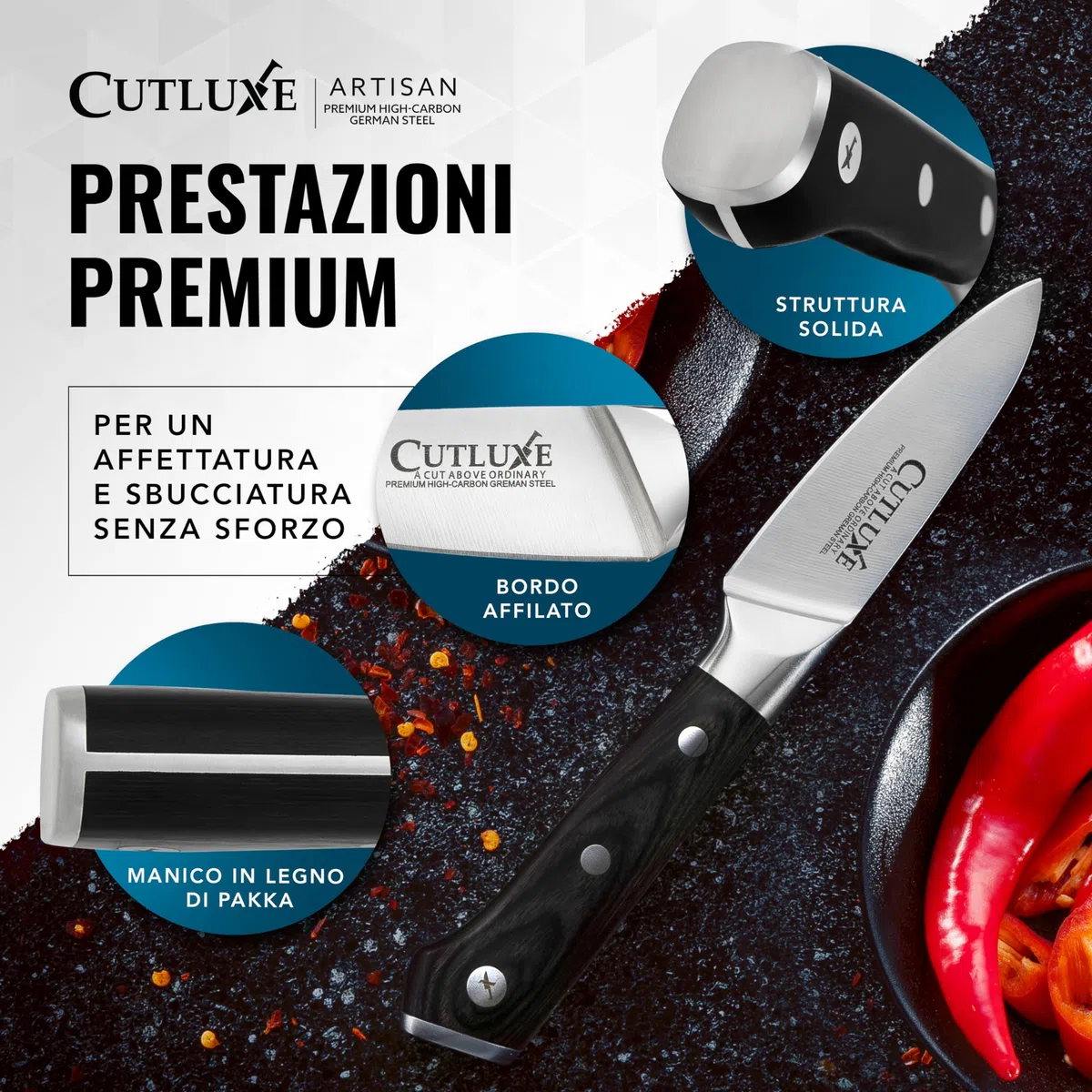 Cutluxe Coltello Spelucchino Professionale, 9cm, Coltello da Verdura per Sbucciare, Acciaio al Carbonio, Lama Affilata e Resistente, Artisan Series