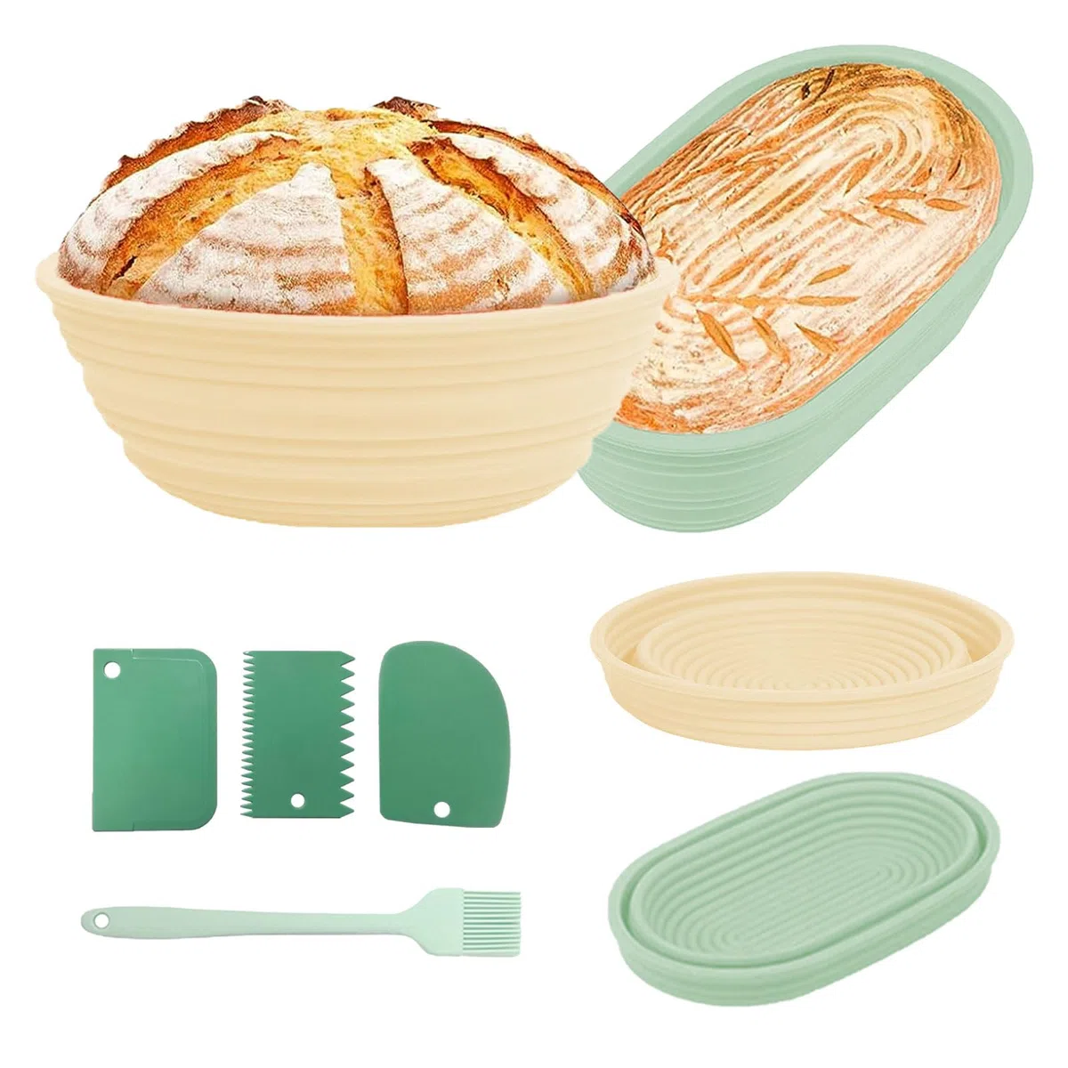 mumisuto Cestino Lievitazione Pane Silicone, 2 Pezzi Cestino per Lievitazione Pane Pieghevole, Cestino Pane 23,5 cm Rotondo & 26 cm Ovale, con 3 Spatole & 1 Pennello, per Pane Fatto in Casa e Pasta