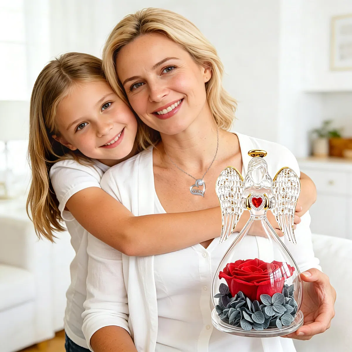 Miofula Regali Festa della Mamma,Rosa Eterna Figurine Angelo con Collana Argento 925,Rosa Stabilizzata Regalo Mamma Compleanno,Festa della Mamma Idee Regalo Mamma Nonna,Fiori Stabilizzati Regalo Donna