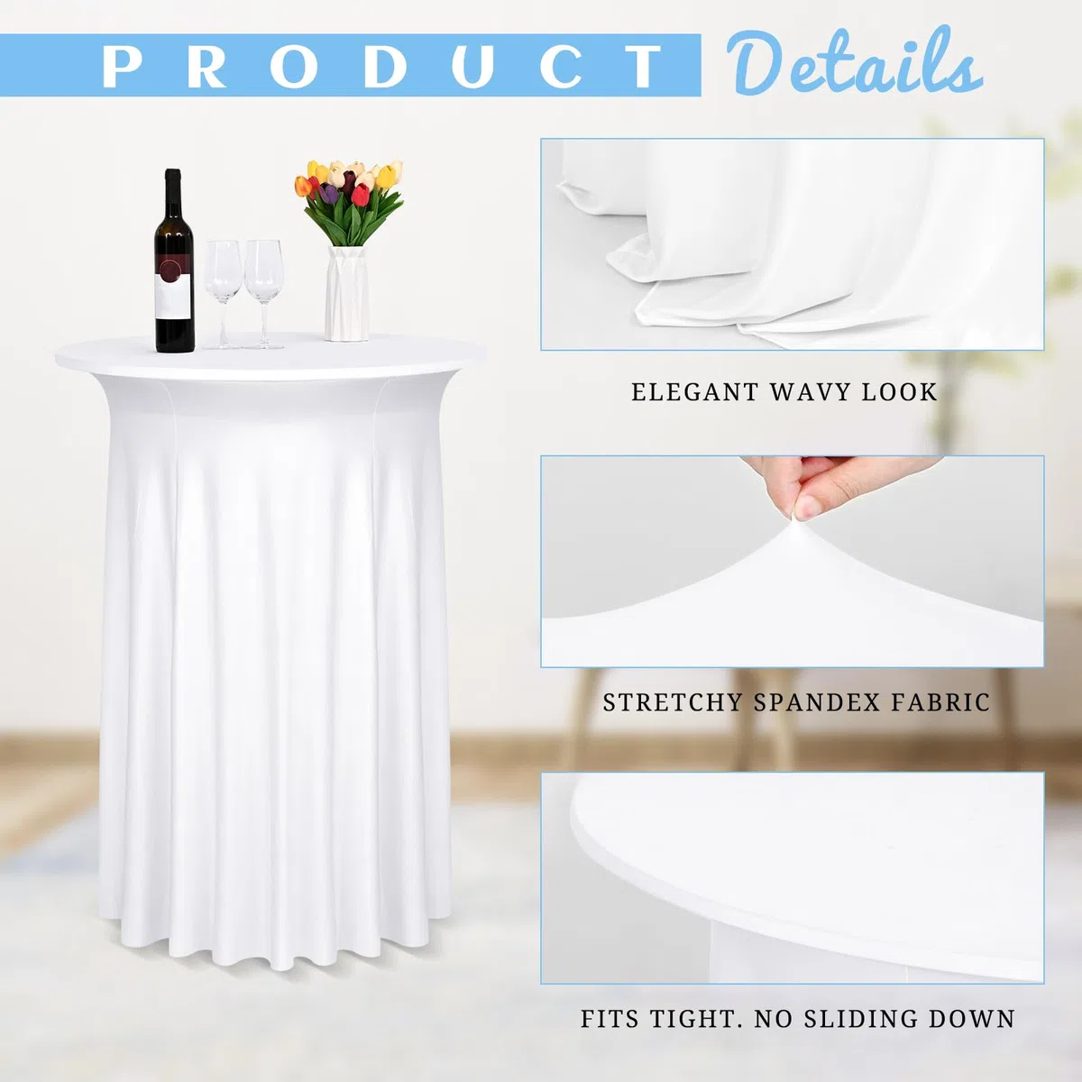 2 Confezioni di tovaglia da cocktail in spandex bianco, gonna corta, tavola rotonda alta tovaglia elastica set, tovaglia da cocktail ondulata per ricevimenti nuziali (32 "x43)