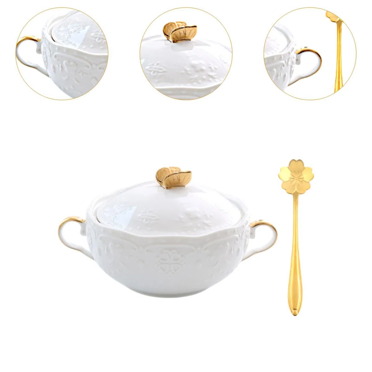 Zuppiera con manici, capacità 277,8 g, ideale per pasta e gelato, manico con coperchio dorato