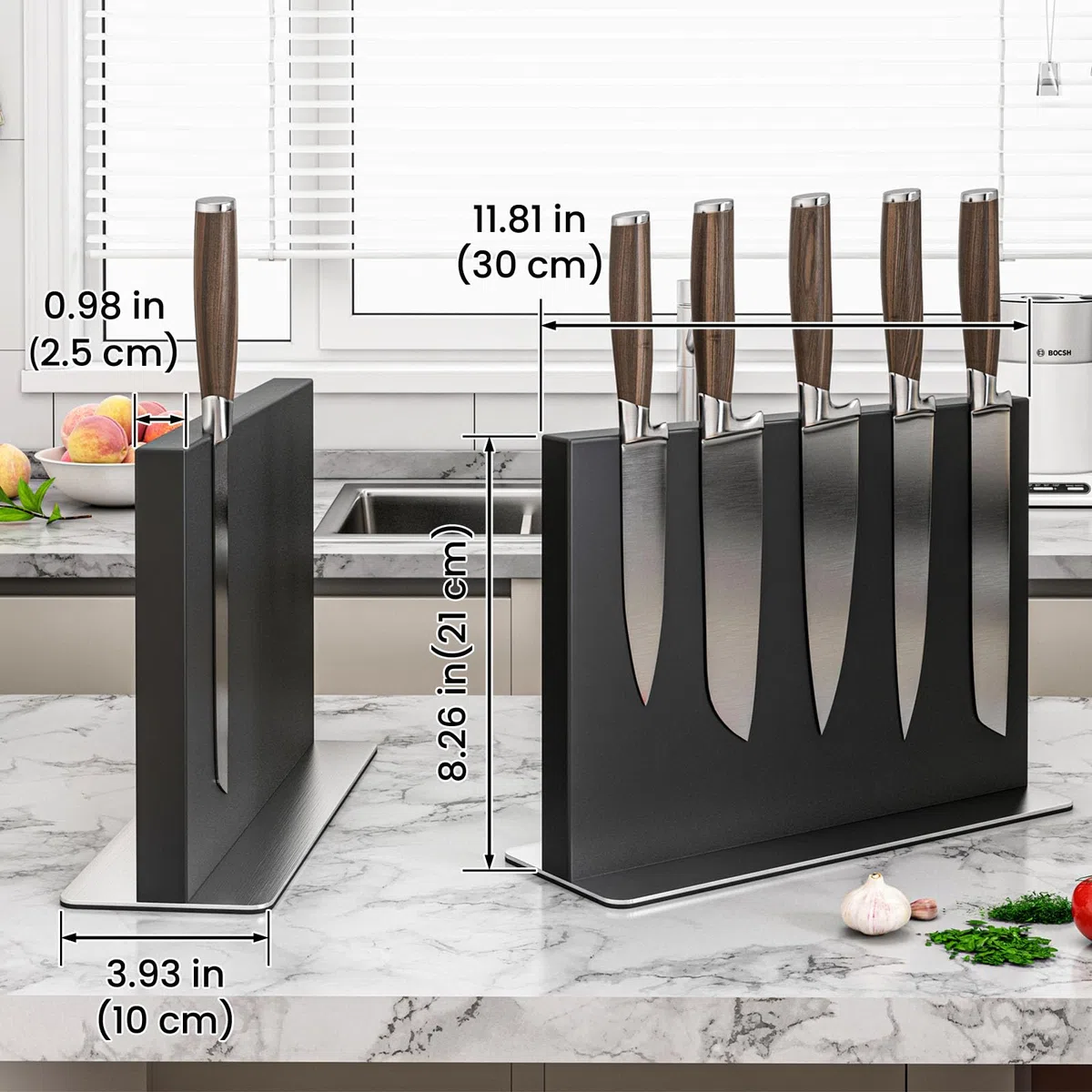 THMINS Schwarzer Magnetischer Messerblock aus Edelstahl, doppelseitiger magnetischer Messerhalter, Universeller Multifunktions-Messerhalter für die Küchenarbeitsplatte