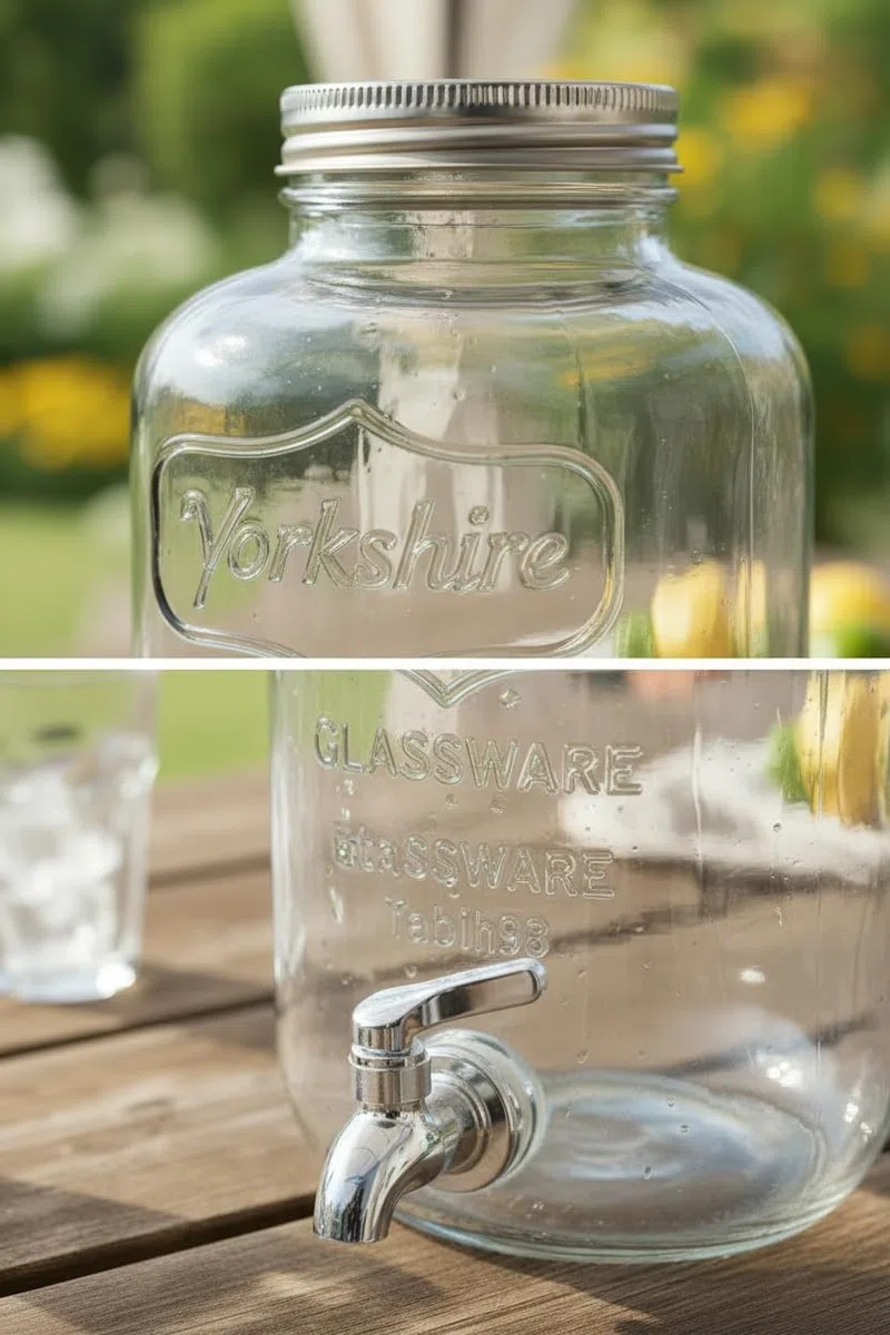 Dispenser in Vetro per Bevande 4L con Rubinetto in Plastica Cromata Lavabile in Lavastoviglie Ideale per Feste Aperitivi e Campeggio 14 x 14 x 26 Cm Trasparente (Rubinetto In Plastica)
