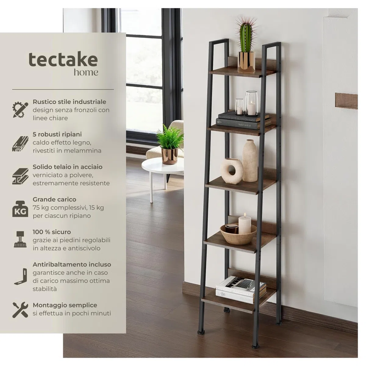 tectake® Scaffale a Scala, Libreria Verticale con 4 Ripiani, Struttura in Acciaio porta libri, Libreria Verticale, Facile Montaggio - 35,5 x 31,5 x 170 cm - Legno industriale scuro