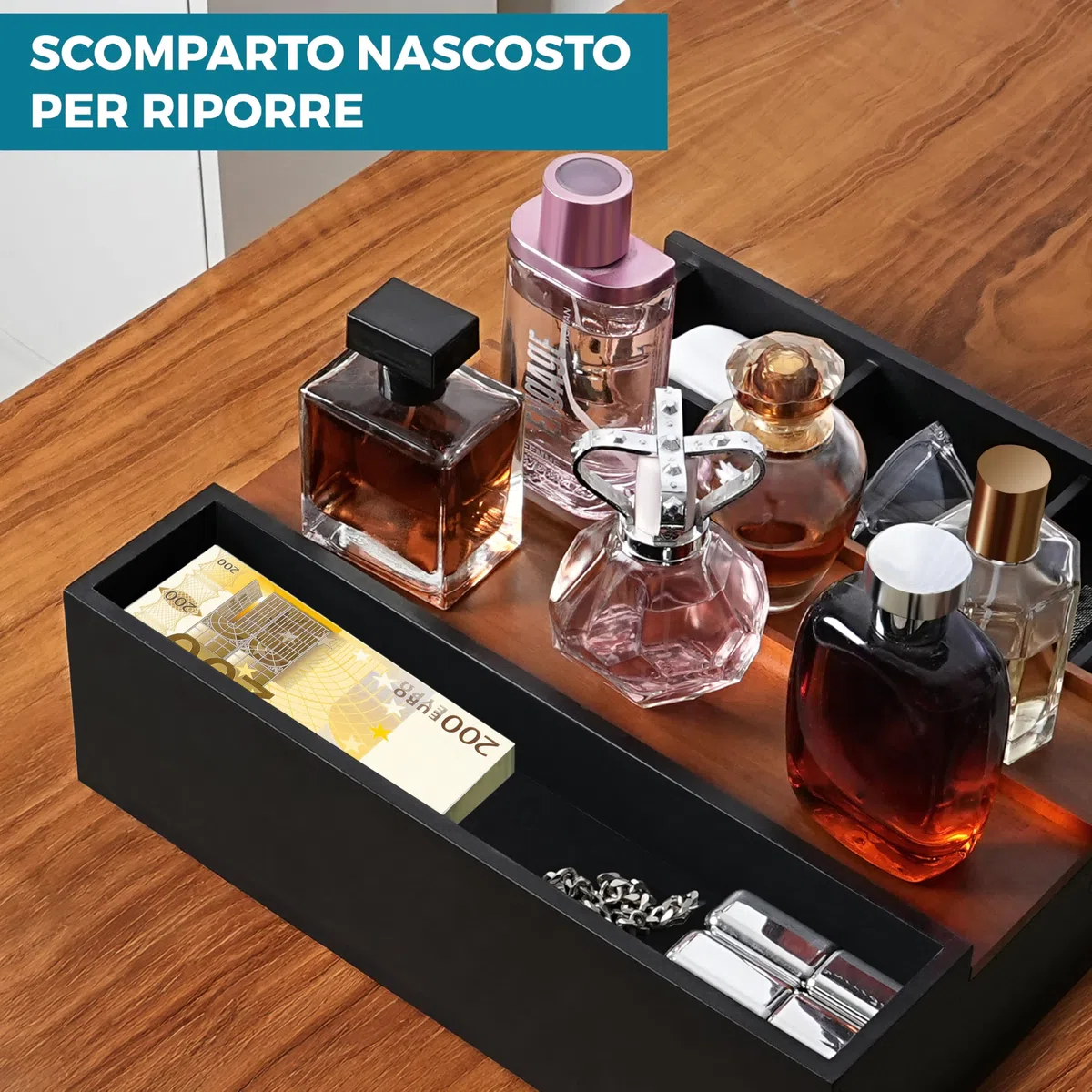 Winter Shore Porta Profumi a Scaletta in Legno - Espositore Profumi con Cassetto Estraibile - Espositore Profumi per Uomo - Organizer a 3 Ripiani in Legno per Comò - Espositore da Banco