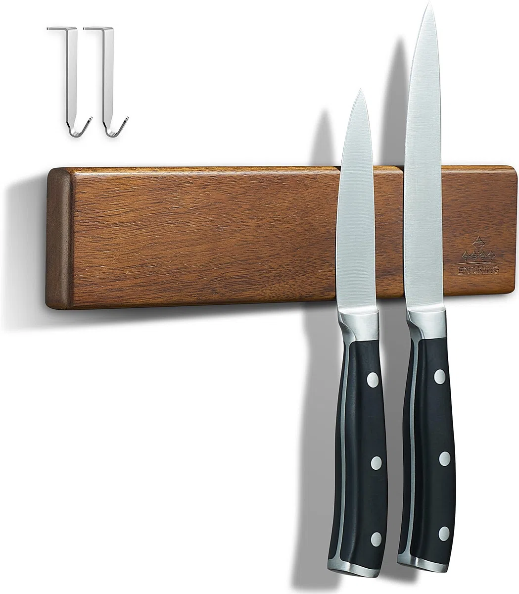 ENOKING Portacoltelli Magnetico 26 cm, Barra Magnetica per Coltelli Senza Forare, Porta Coltello Forte in Legno D'acacia con 2 Ganci