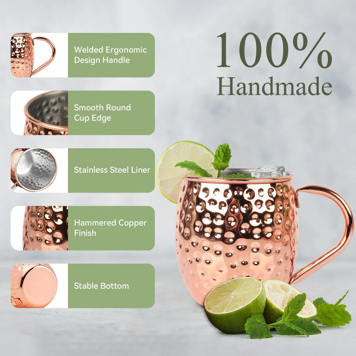 Bicchieri Moscow Mule Rame,Set di 4 Tazze Moscow Mule,Boccali Placcati Rame Fatto a Mano in Acciaio Inossidabile 550ml,Bicchieri Cocktail Mugs con Cannucce Spiedini Mosurino Scovolino