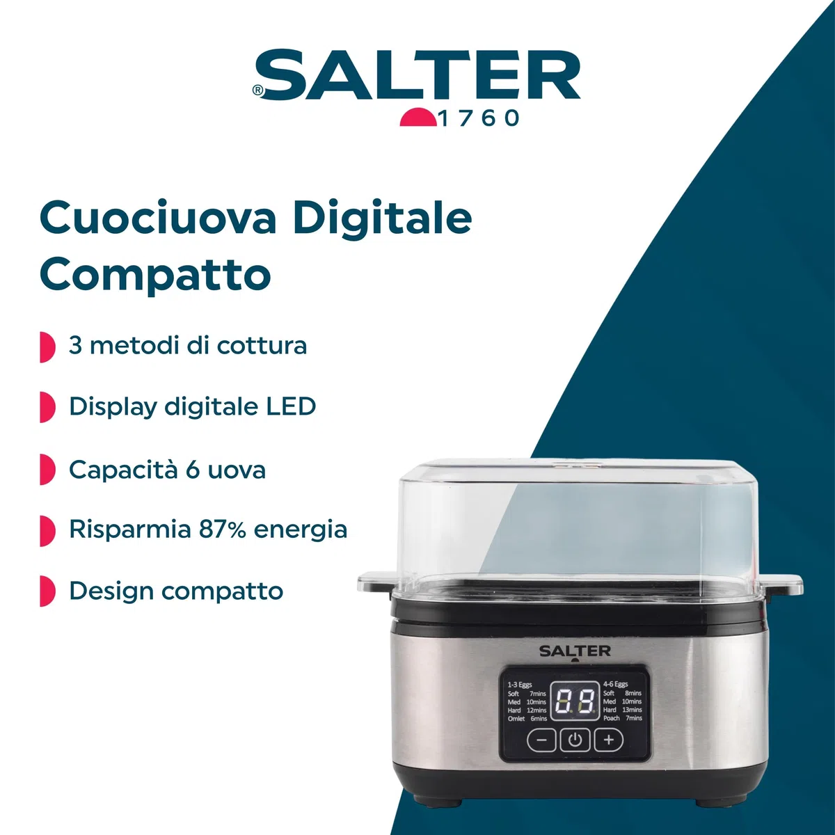 Cuociuova Digitale 3 in 1 Salter – Omelette elettriche, uova in camicia o bollite, capacità di 6 uova, display digitale LED, compatto. Include misurino, portauovo e cesto vapore. Potenza: 430W.