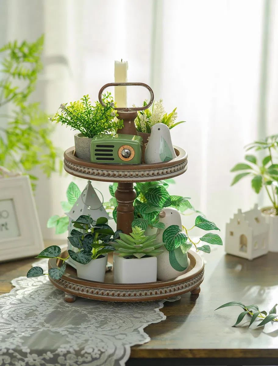 Hanobe Vassoio decorativo a più livelli in legno a 2 ripiani, due vassoi decorativi rotondi con perline per bagno, cucina, tavolino da caffè, centrotavola, bancone, Halloween, Natale, San Valentino