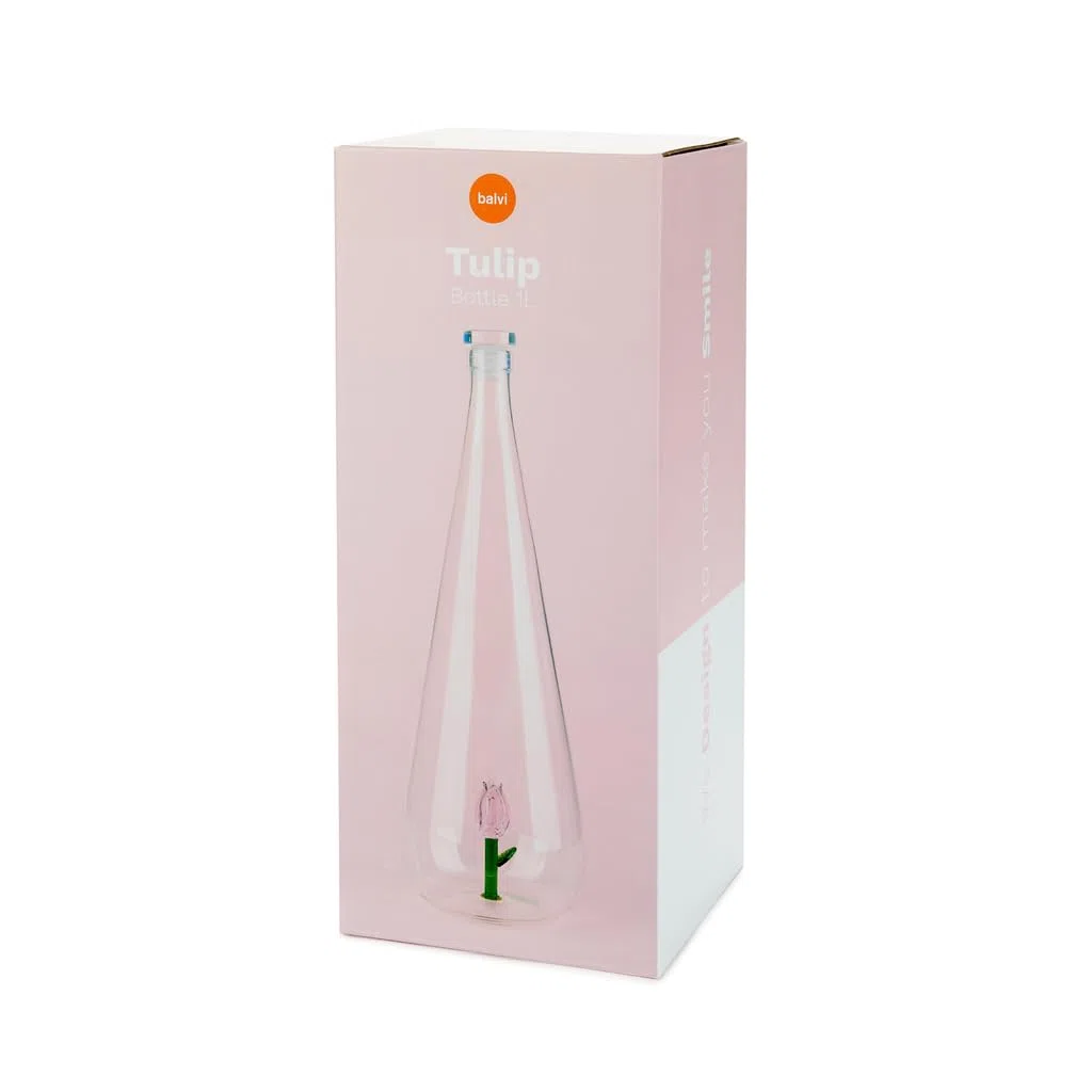 Balvi Bottiglia Botanical Tulip Colore Rosa Fatto a Mano in borosilicato Vetro 1 L