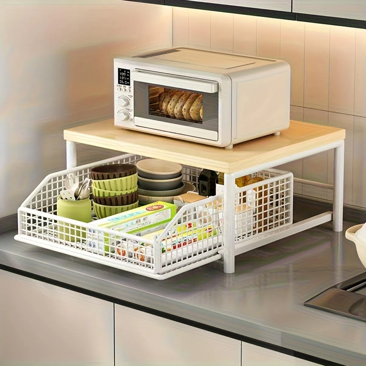 Mensola in Legno Massello Resistente per Macchina da caffè - Organizzatore da Cucina da Banco con Cassetto e Cesti in Rete - Design Salvaspazio Nero