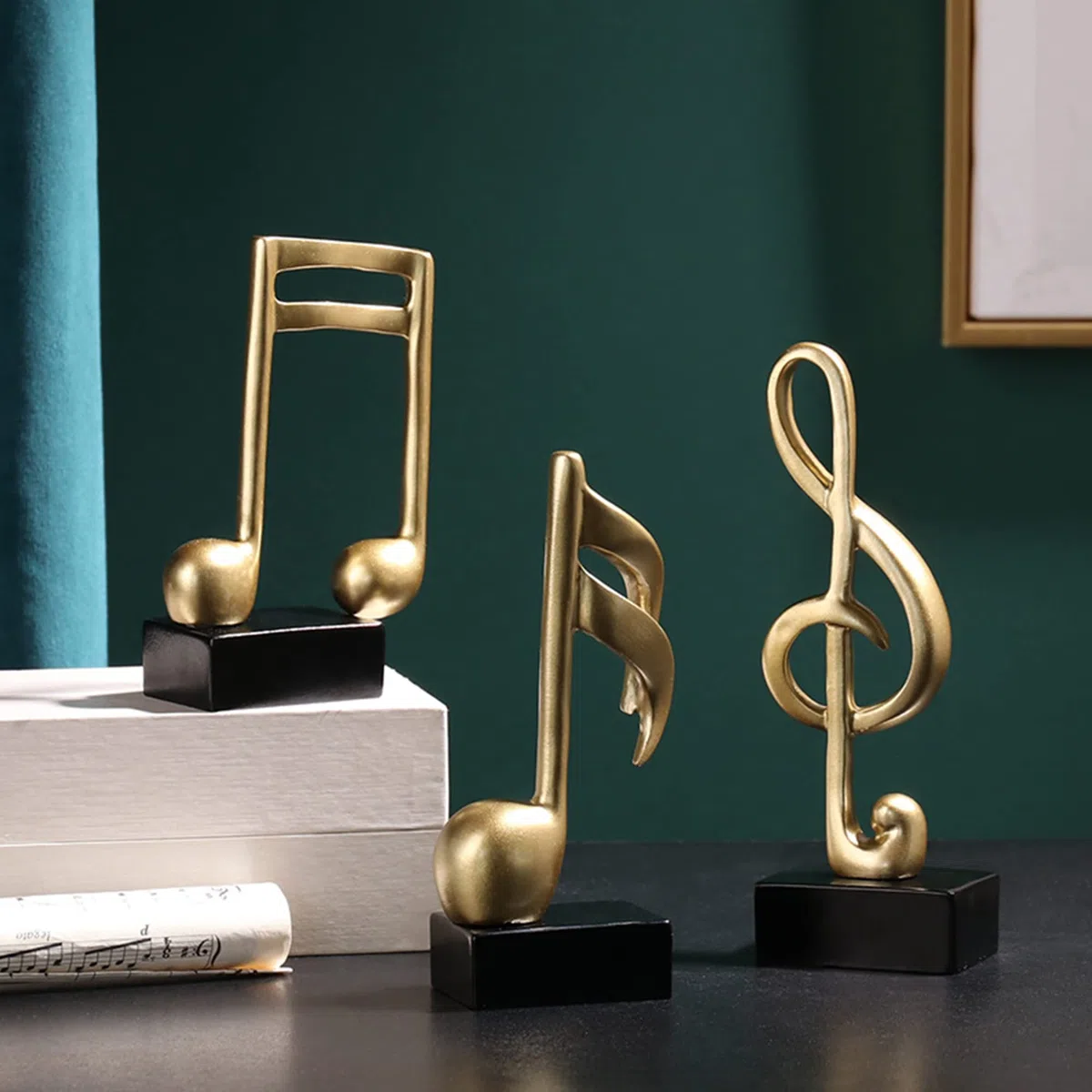 CINY 3 Pezzi Di Musicale Statua Musica Nota Ornamento Scultura, Decorazione Musicale, Set Di Sculture Musicali In Resina Per Regali Di Pianoforte Da Casa Souvenir Regalo Resina, Oro