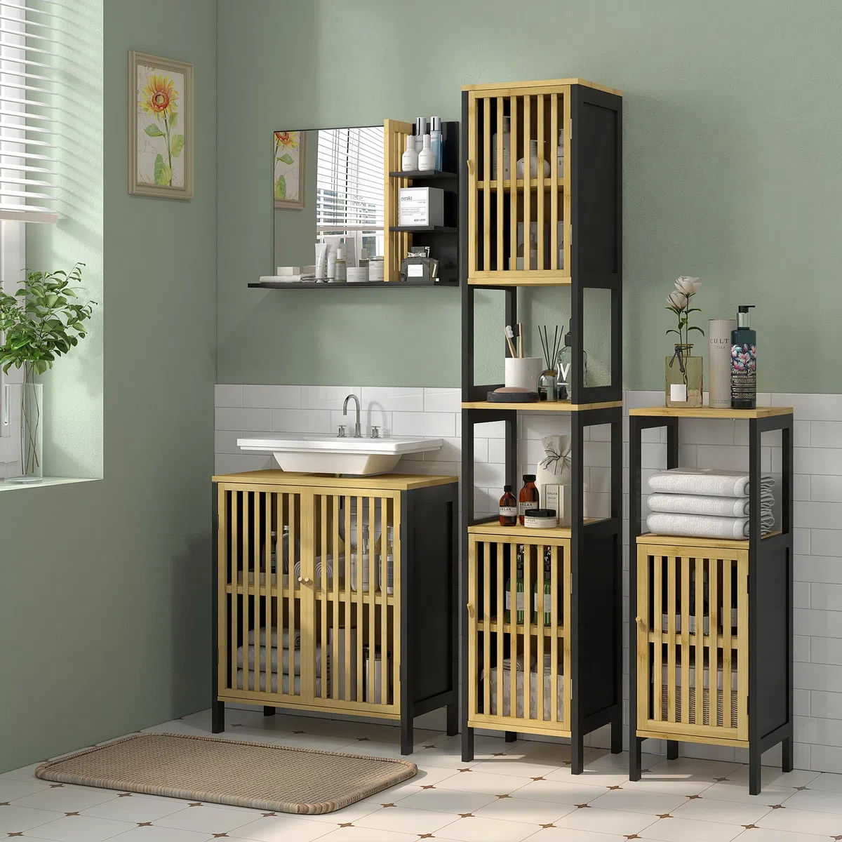 HOMCOM Mobile Sottolavabo Bagno con 2 Ante a Doghe, Armadietto Bagno in Legno di Bambù e MDF con Intaglio a U per Tubi, 60x30x70cm, Nero