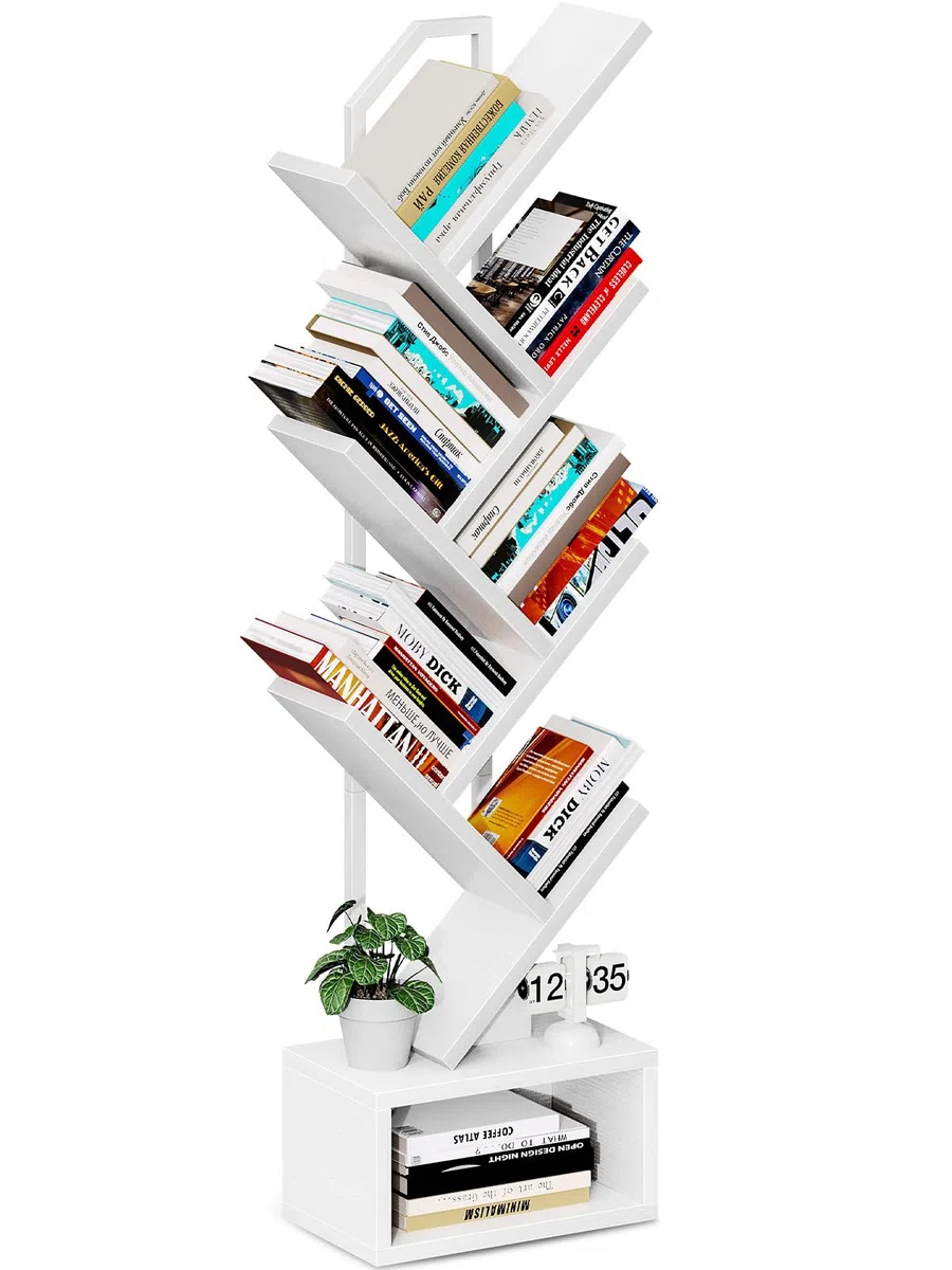 Coleshome Libreria ad Albero, Scaffale a 6 Ripiani con Divisori, Scaffale Legno Adatto per Soggiorni e Camere da Letto, Bianco