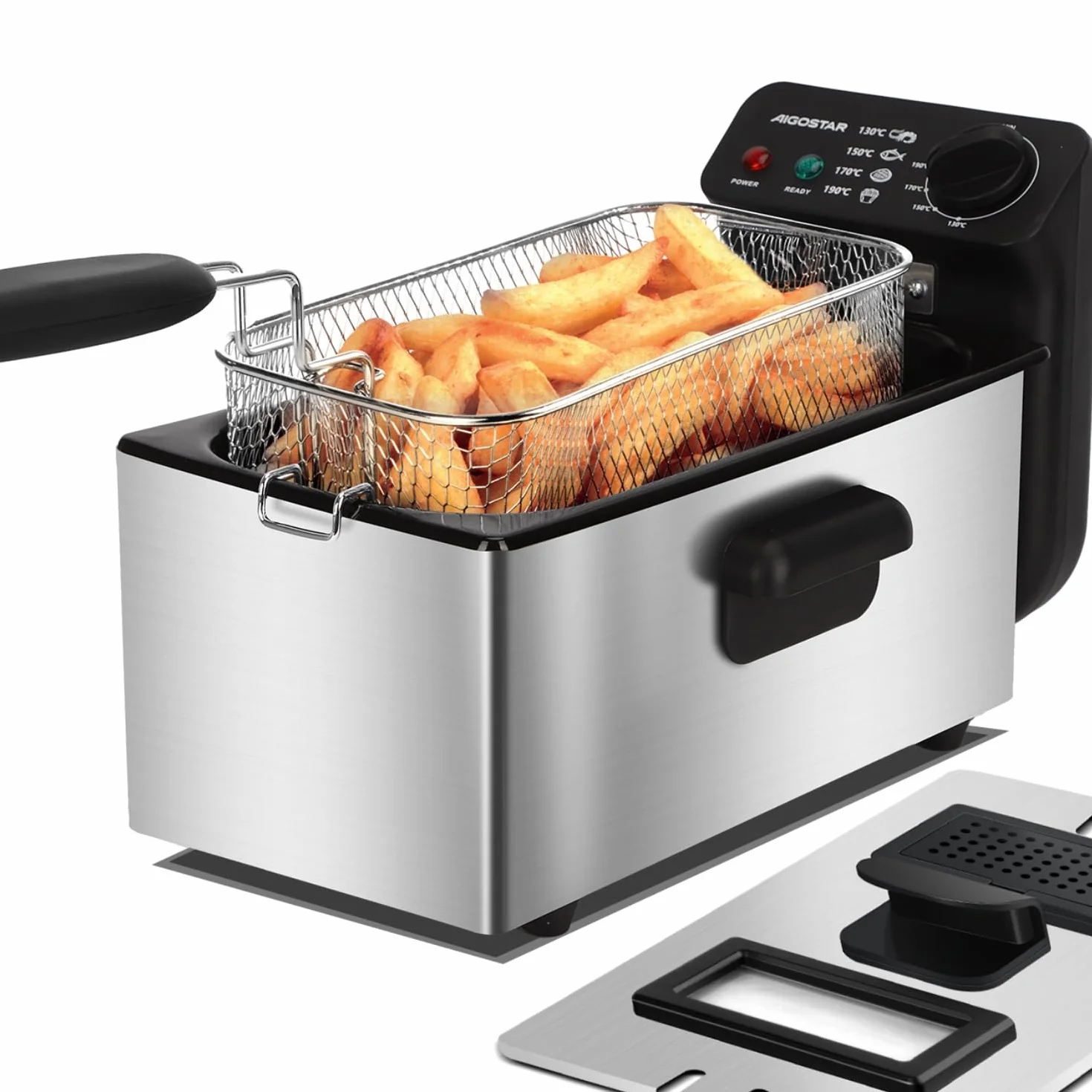 Aigostar Friggitrice 2200Watts, Capacità 3 Litri con Finestra, Controllo di Temperatura, Ciotola d'Olio Removibile