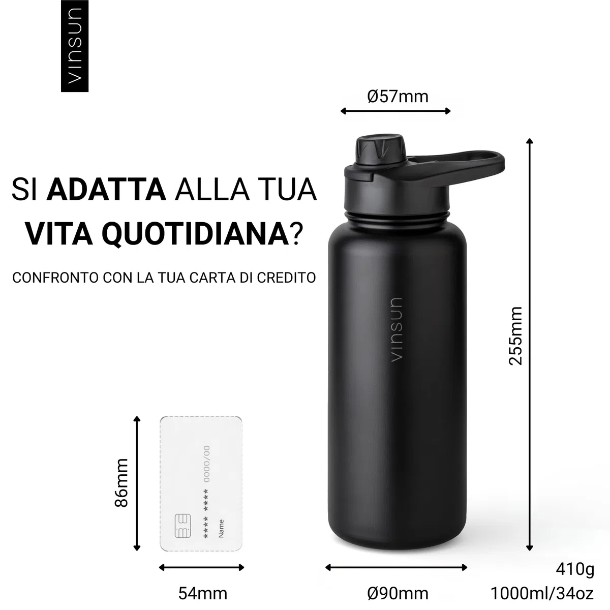 VINSUN Borraccia Termica 1 Litro - Bottiglia Acqua in Acciaio Inox con Cannuccia - Senza Perdite, Senza BPA, Riutilizzabile - Bottiglia Termica per Sport, Scuola e Palestra