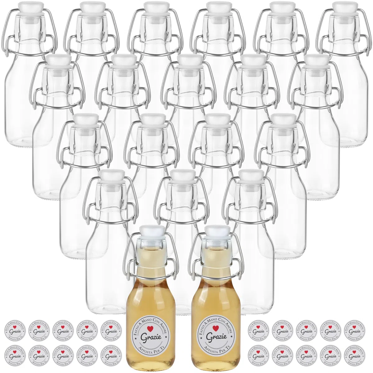 Winter Shore Bottiglie Vetro Piccole 120 ml con Tappo ed Etichette (Set da 20) - Bottigliette Vetro Bomboniere Riutilizzabili - Mini Alcolici Bottiglie - Bottigliette Alcolici con Tappo a Ribalta