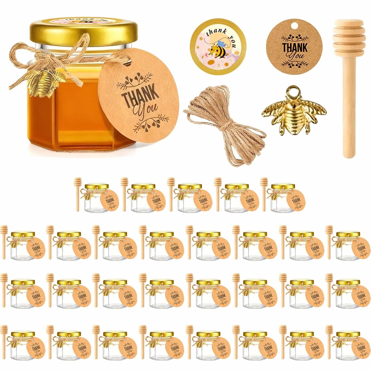 30 Pcs Vasetti Mini Miele Esagonali Vetro 45ml con Coperchi Dorati a Vite, Cucchiai per Miele, Ciondoli Api – Ideali per Baby Shower, Nozze, Battesimo, Regali di Natale e Bomboniere