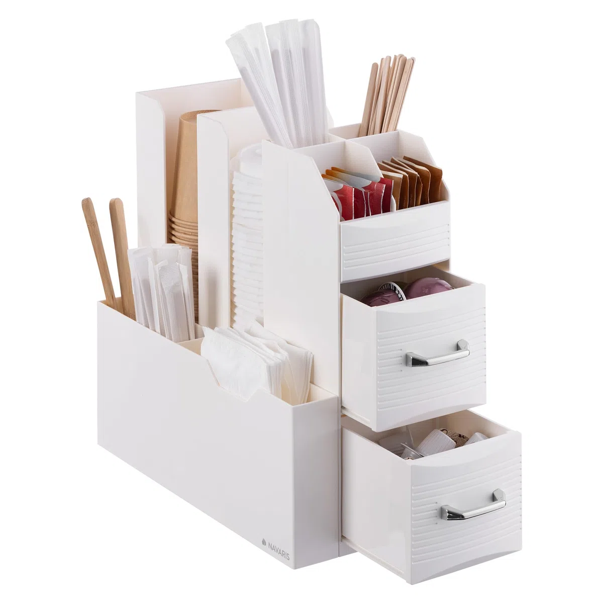 Navaris Organizzatore Professionale per Caffetteria - Cassettiera Verticale Multiscomparto - per Bicchieri Cannucce Tovaglioli Posate Bustine Zucchero - Crema