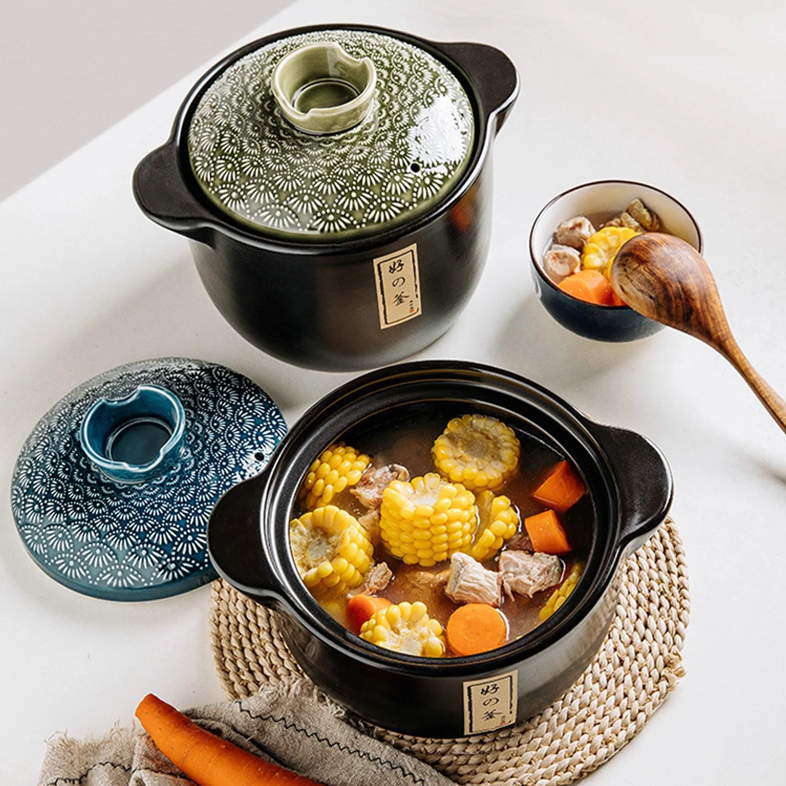 Pentola in Ceramica Nera in Terracotta con Coperchio, pentola Calda in Ceramica Giapponese Donabe, pentola per stufato da Cucina, pentola Resistente al Calore per la casa, per cene e Feste