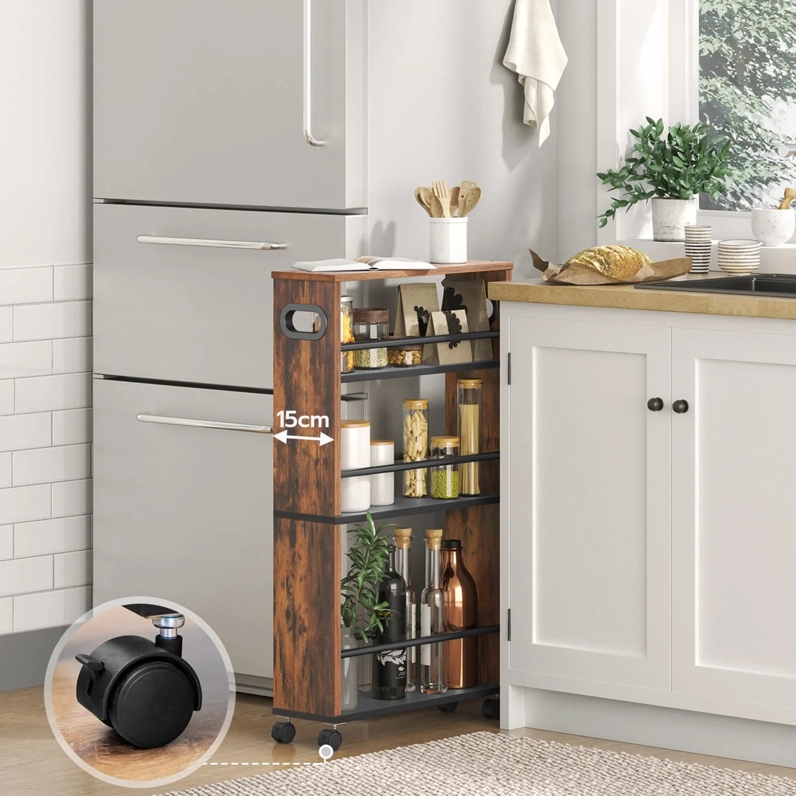 HOOBRO Carrello di Servizio, Carrello da Cucina a 4 Ripiani, Stretto, con Rotelle Bloccabili, Bordi Rialzati Montaggio Facile, in Cucina, Bagno, Soggiorno, Marrone Vintage, EBF15TC01