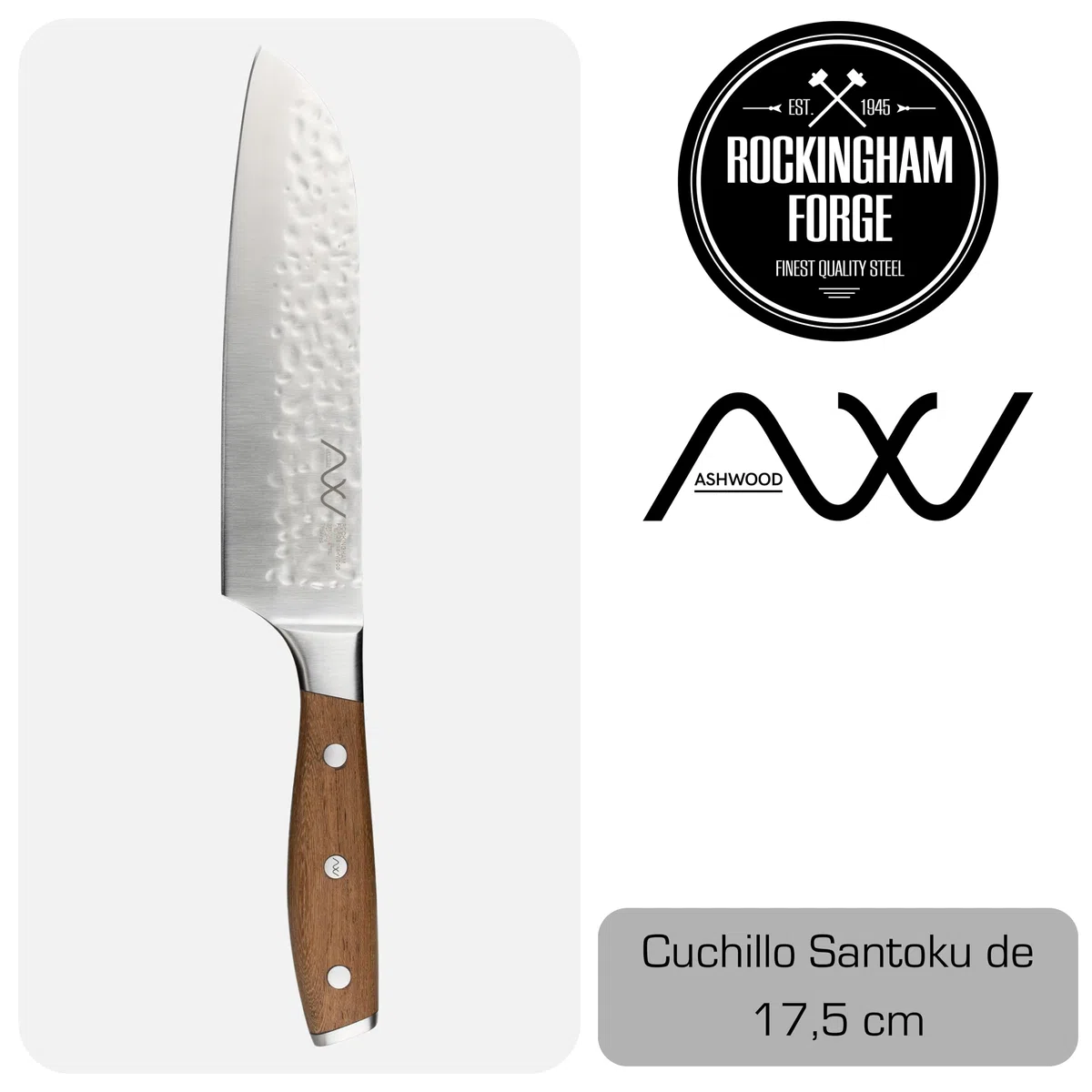 Rockingham Forge Ashwood Coltello da Cucina Santoku Giapponese 17,5 cm - Lama Acciaio Inossidabile Tedesco Ultra Affilato - Martellata Antiaderente Professionale - Manico Legno Codolo Intero