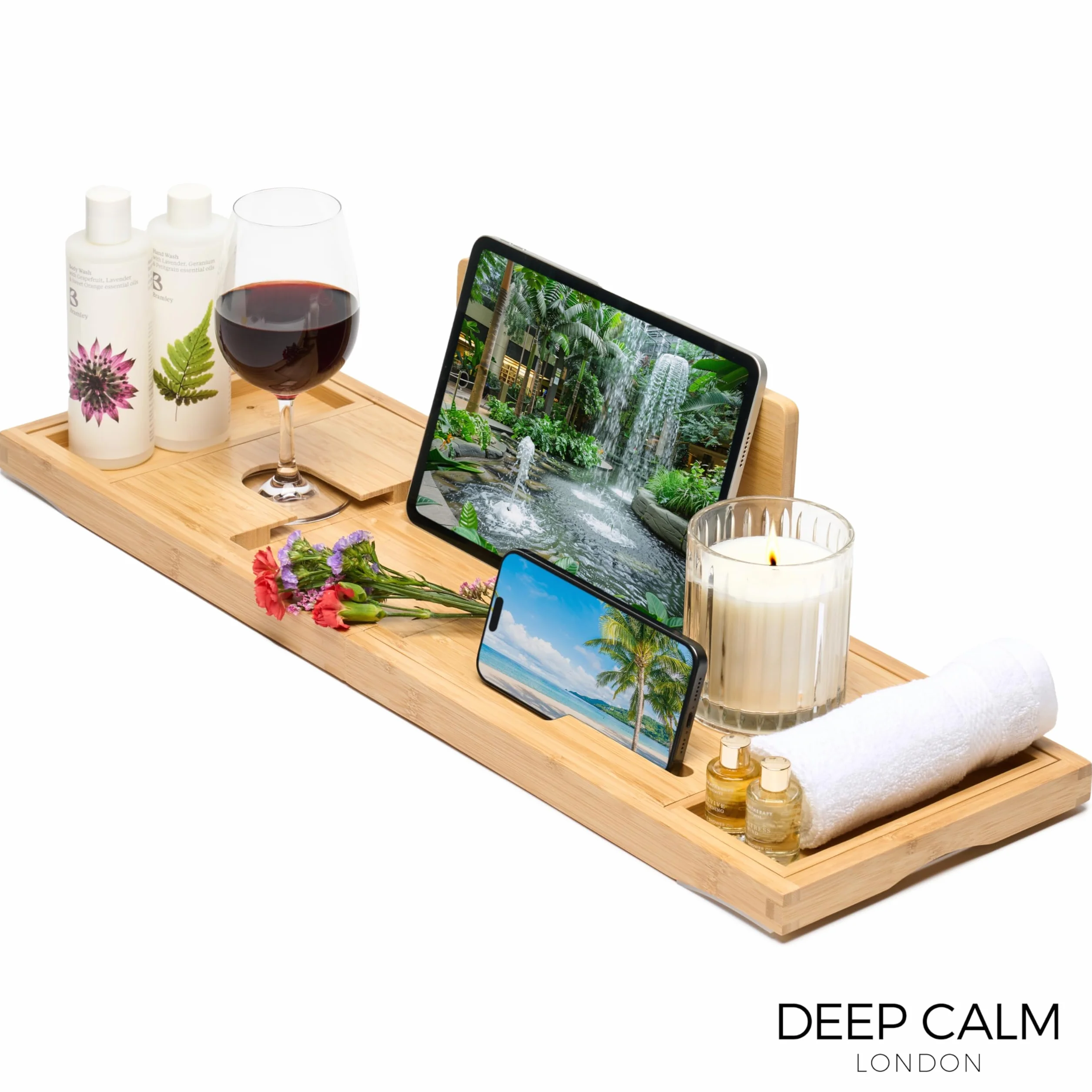 Deep Calm Vassoio vasca da bagno, in bambù, antiscivolo, si adatta alla maggior parte delle dimensioni del bagno, accessorio da bagno di lusso che può contenere iPad, telefono, bicchiere, candela