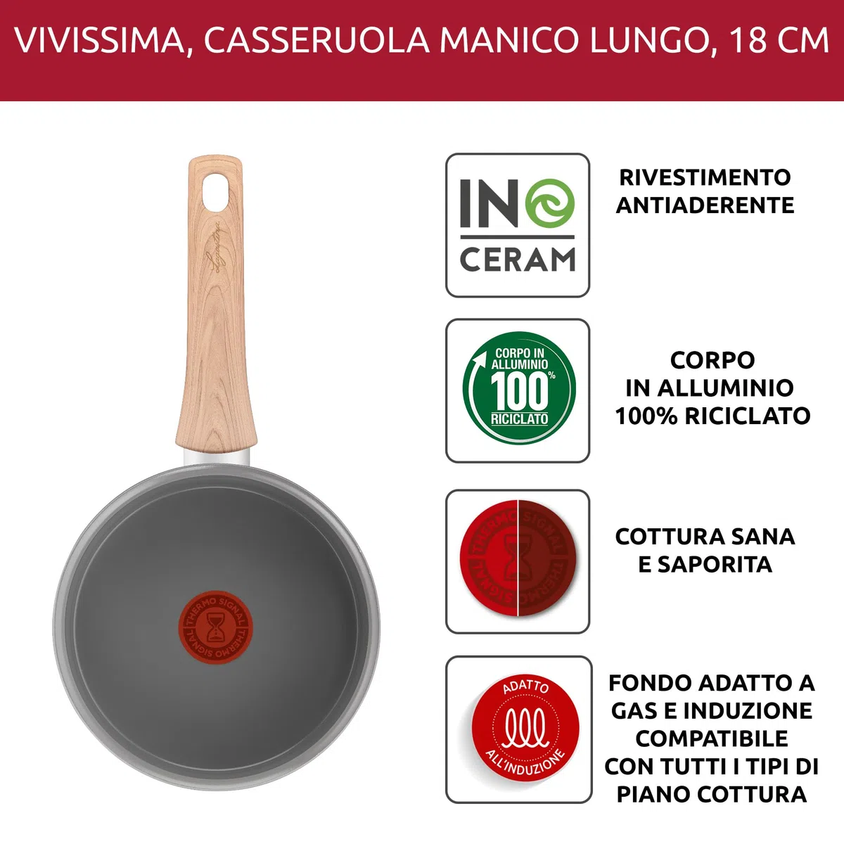 Lagostina Vivissima, Casseruola Antiaderente 18 cm con Manico Lungo, Rivestimento in Ceramica, Riscaldamento Rapido e Cottura Uniforme, Adatta a Tutte le Fonti di Calore Inclusa Induzione