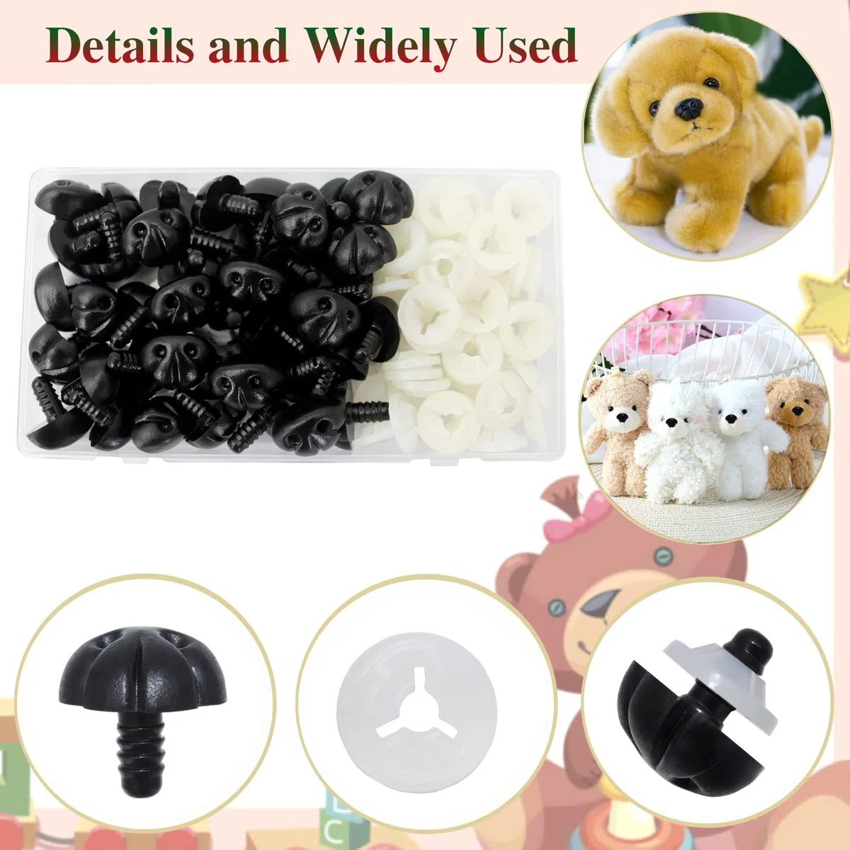 Naso di sicurezza per cani, in plastica nera, per animali di peluche, fai da te, 50 pezzi, 16 x 19 mm