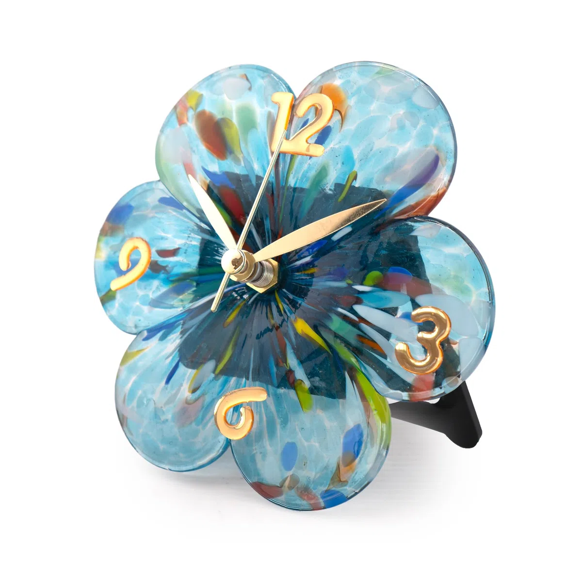 MurArt Orologio da Tavolo in Vetro di Murano realizzato a mano con una Forma di Fiore e misure 15x15 cm Made in Italy (1, Acquamare)