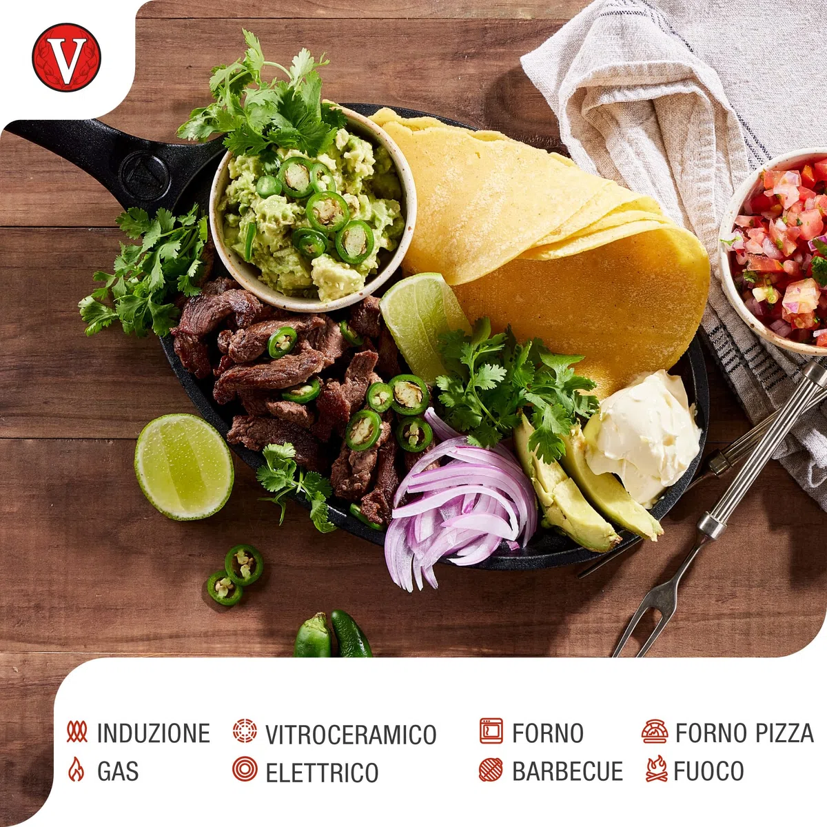 VICTORIA Padella per Fajita in Ghisa Smaltata Induzione da 25cm, Adatta per, Fuoco, Barbecue, Forno, Vetroceramica e Gas, Cast Iron Skillet Senza Sostanze Tossiche, Senza PTFE e PFOA
