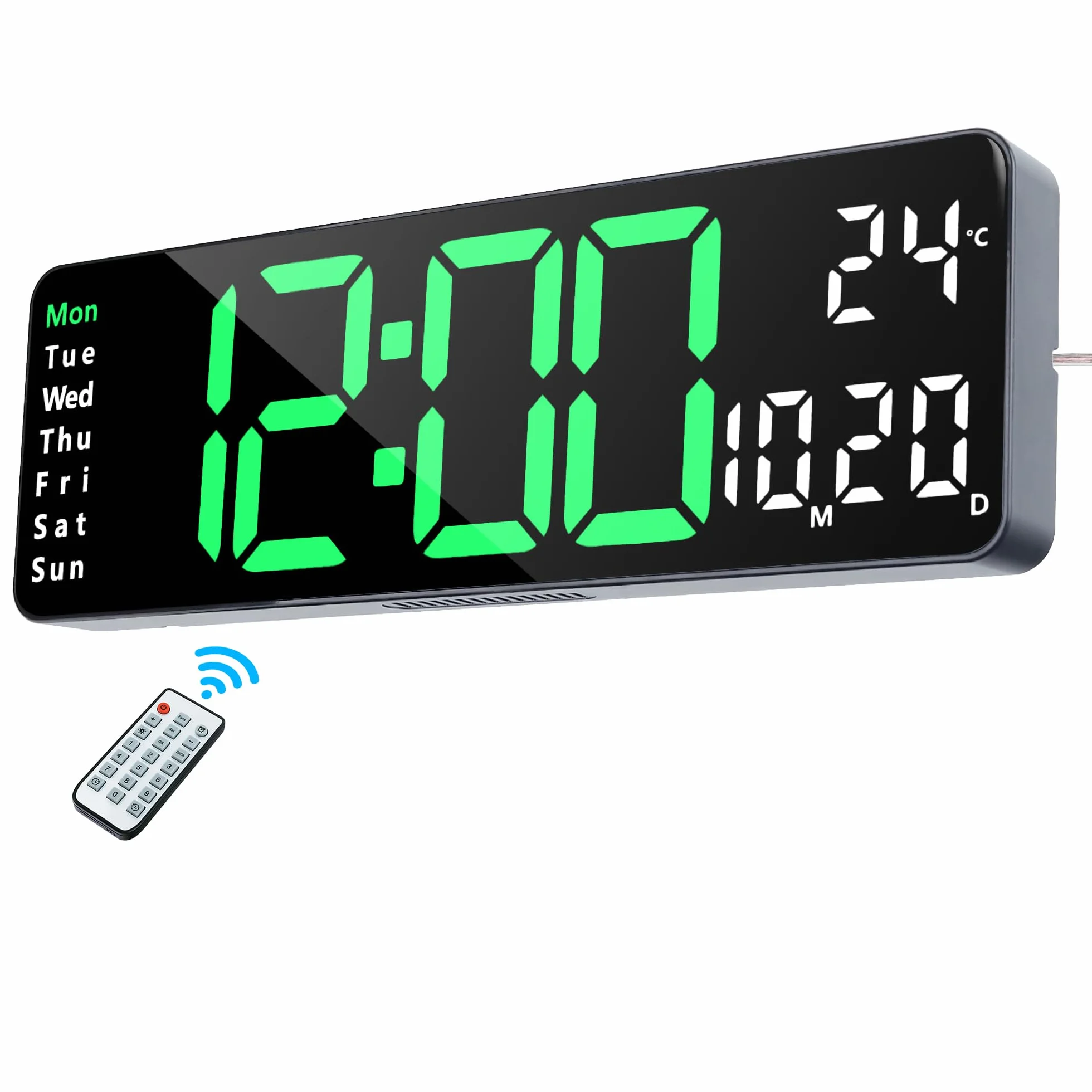 Lafocuse Orologio da Parete Digitale Grande LED Display, 13" Facile da Leggere con Telecomando,Temperatura,Calendario,2 Allarme,Luminosità Regolabile,12/24 Ore per Soggiorno Cucina Ufficio, Verde