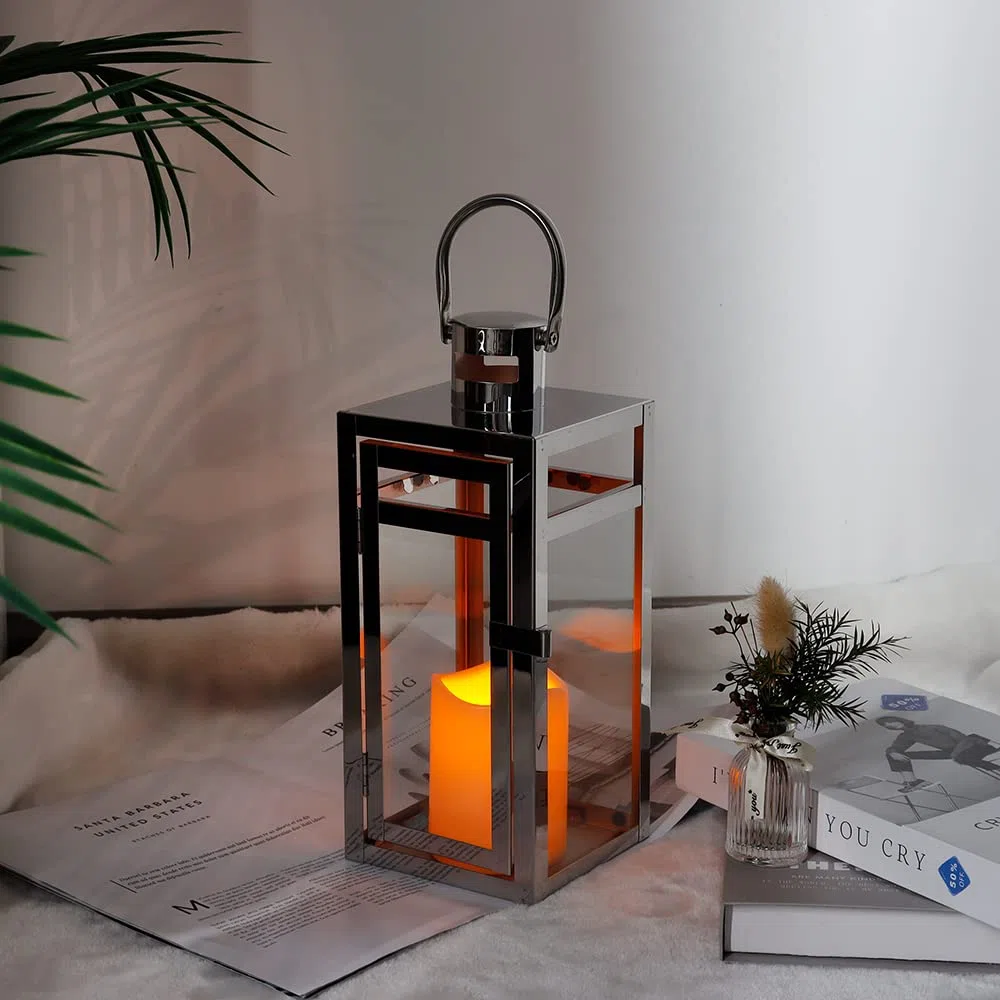 TRIROCKS Lanterna Decorativa in Acciaio Inossidabile 30 cm Alta, Portacandela a Sospensione con Pannelli di Vetro Trasparente, Perfetta per Decorazioni Casa, Soggiorno, Eventi (Argento)