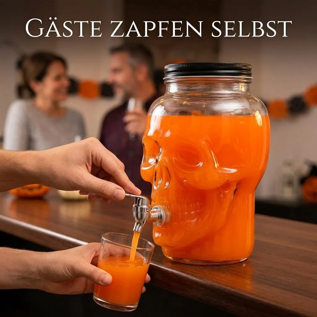 MIJOMA Dispenser per bevande a forma di teschio, 4 l, in vetro con rubinetto per Halloween, feste, bar, decorazione per bowle, cocktail, succo di acqua