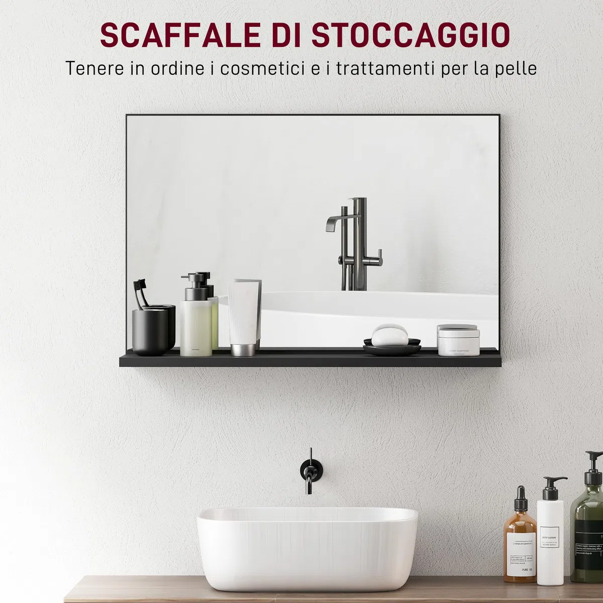 kleankin Specchio Bagno da Parete con Mensola, Specchiera Moderna Multiuso per Bagno, Camera e Ingresso, 60x12x40 cm, Nero