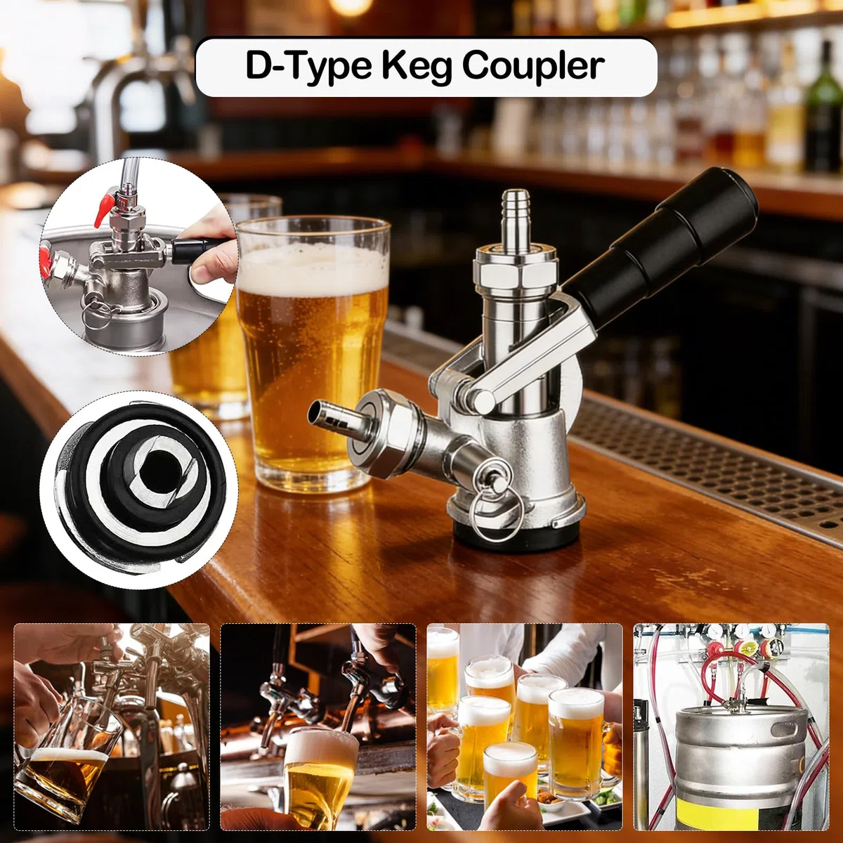 Testa di Spillatura per Fusto, Accoppiatore Keg Tipo D G5/8 con Valvola di Sicurezza Rubinetto in Acciaio Inox 304 per Sistema di Spillatura Connettore Compatibile con Birra Vino