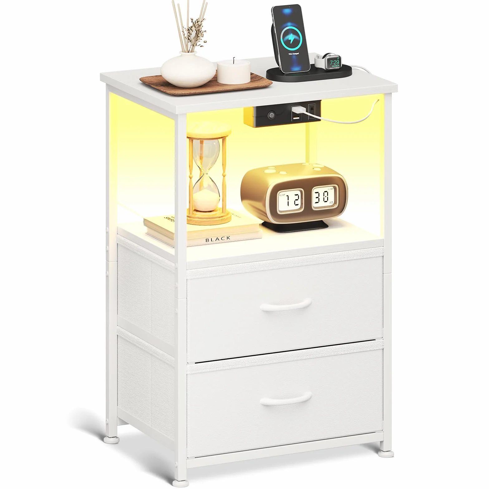 Coleshome Comodino Camera da Letto Bianco, con 2 Prese USB e 1 Presa di Corrente e Luci a LED, Comodini con 2 Cassetti in Tessuto e 1 Vano Portaoggetti, 40 * 30 * 60cm, Confezione da 1