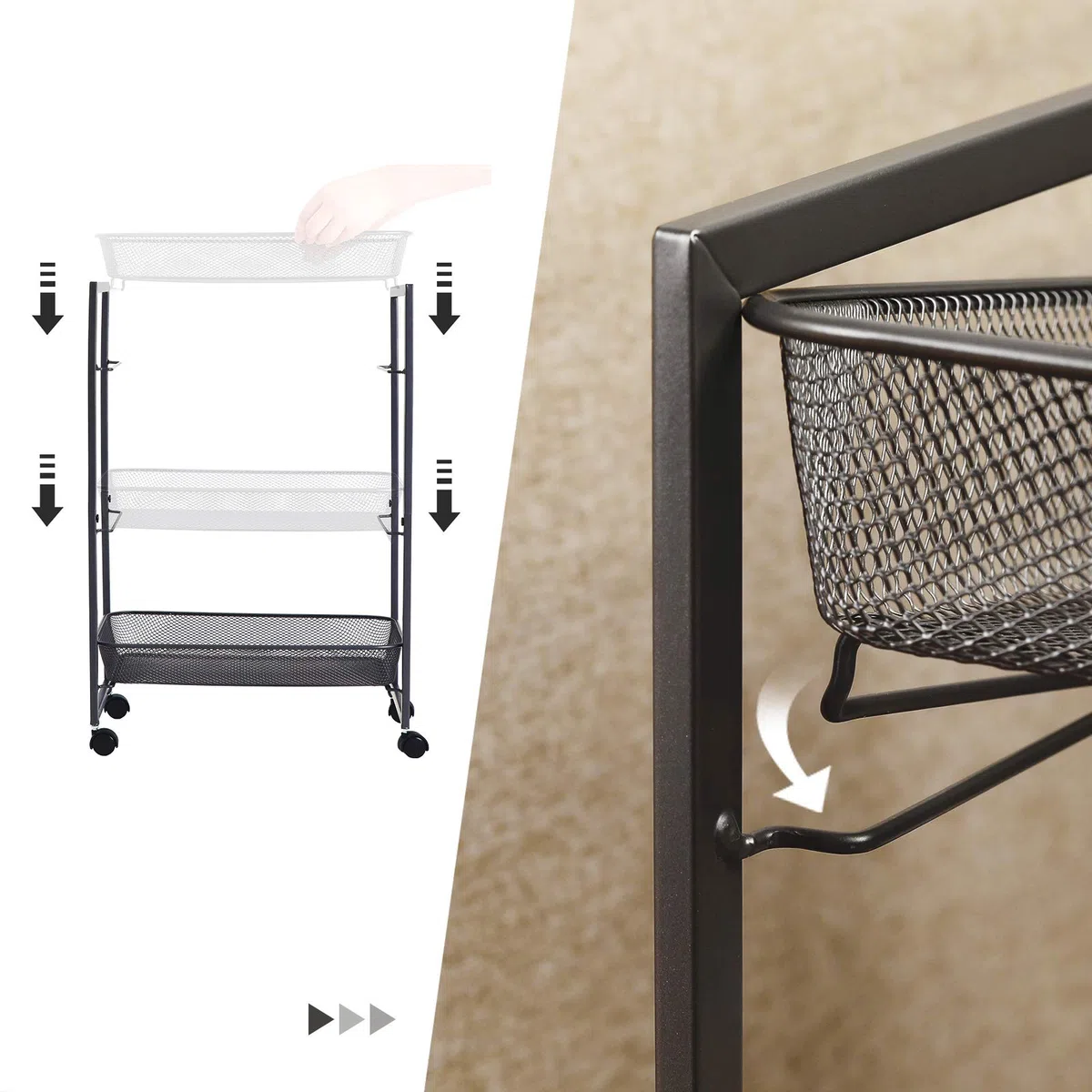 SONGMICS Carrello a 3 Ripiani, Carrello da Cucina e Bagno con Cesti in Filo Metallico, Salvaspazio, Assemblaggio Semplice, Ufficio, Soggiorno, Nero BSC061B01