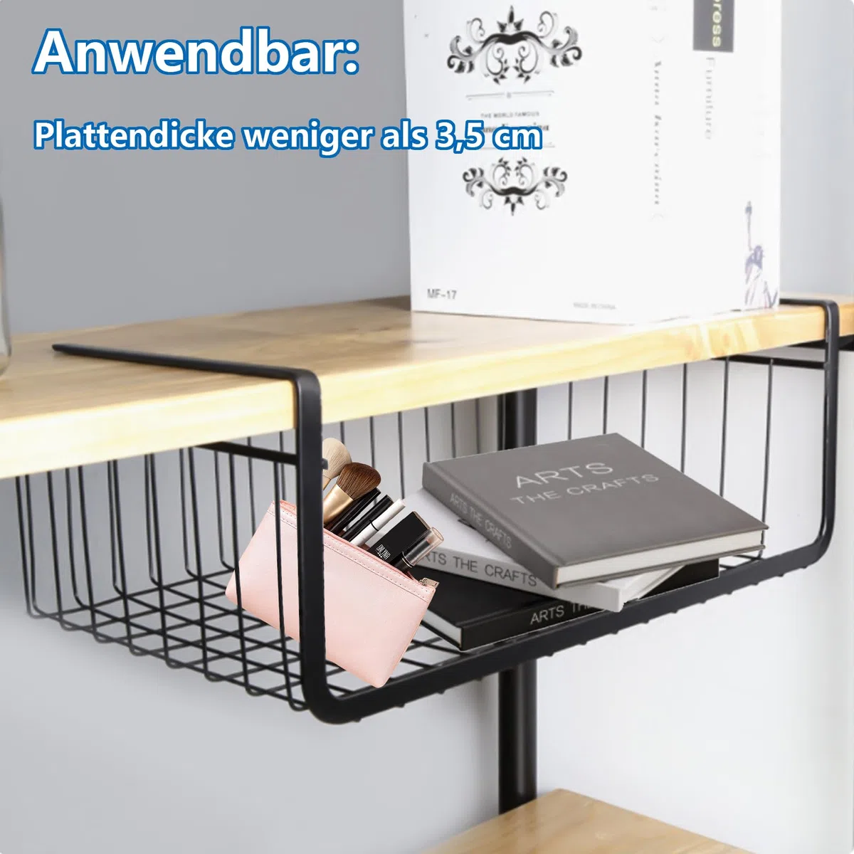 2 Pezzi Cestello Sotto Mensola Nero, Organizer Sottopensile Cucina 34 x 11,5 x 20,5 cm Senza Forare, Mensola Salvaspazio per Armadio Dispensa Bagno