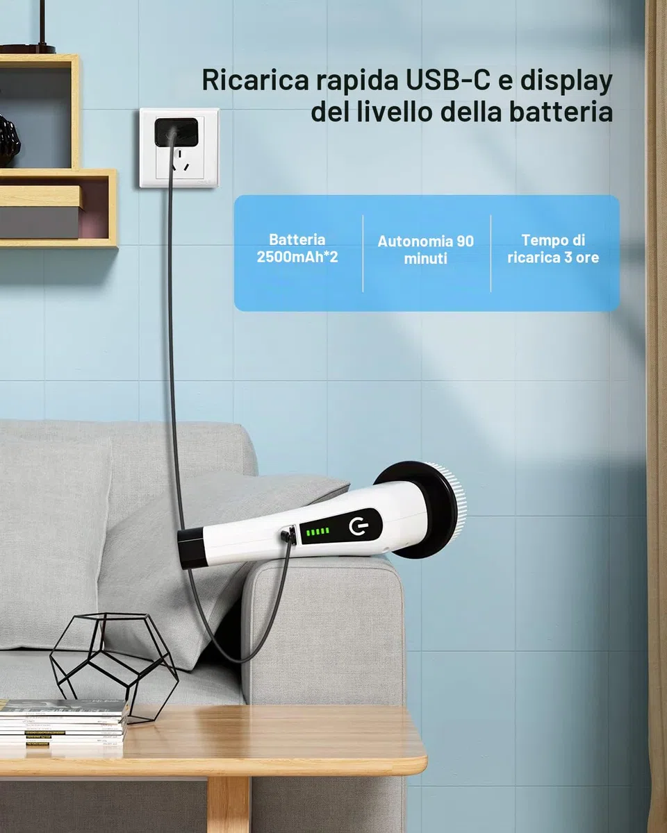 Spazzola Elettrica Rotante, Spazzola per La Pulizia Senza Fili con 8 Testine per Trapano Sostituibili, Vasca e Piastrelle per Pavimenti Scrubber Mocio Impugnatura Regolabile per Bagno, Cucina, Auto